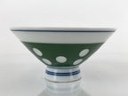 Japanese Porcelain Rice Bowl Vtg Wide Green Polka Dot Design White Blue PY730