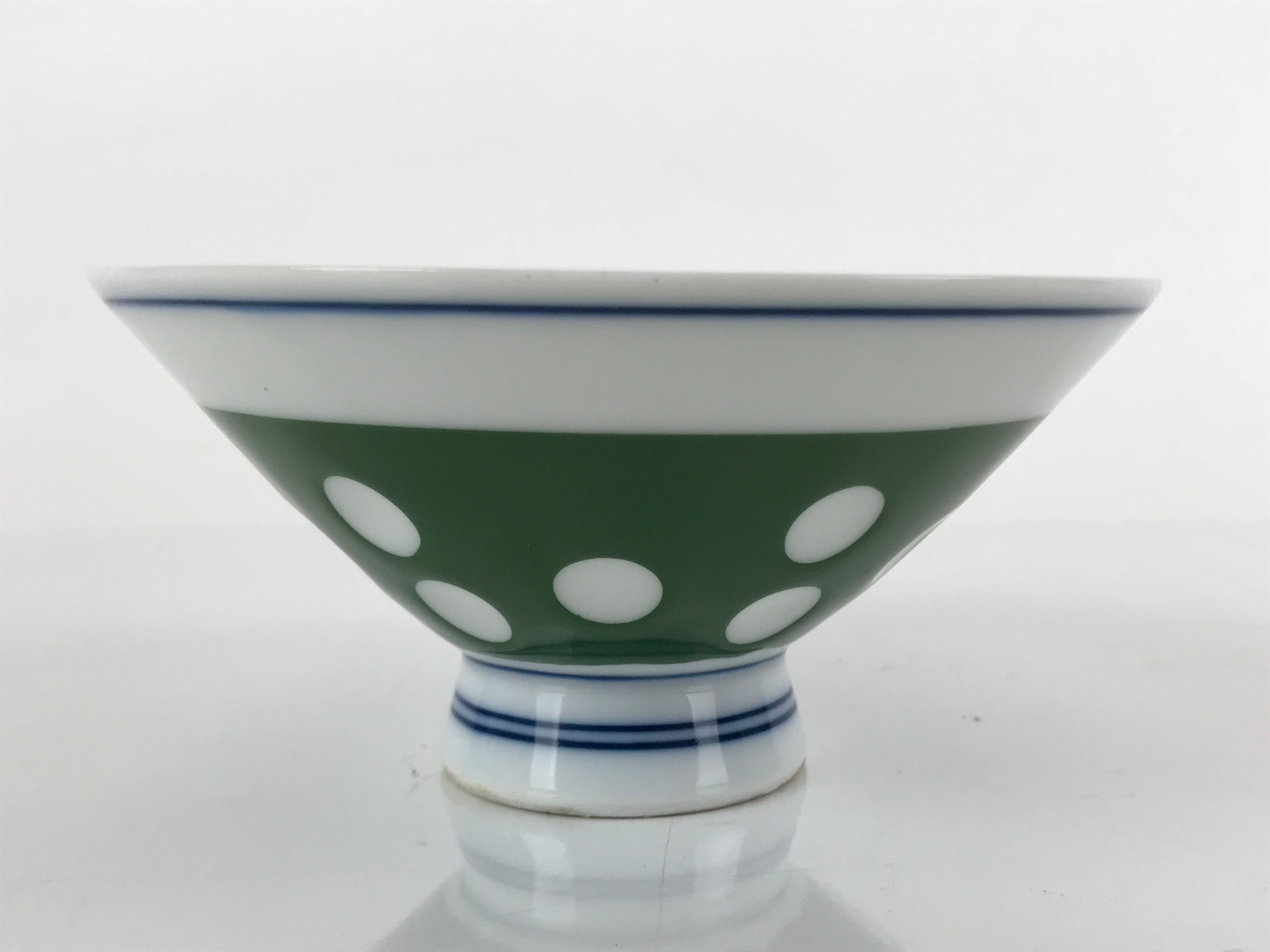Japanese Porcelain Rice Bowl Vtg Wide Green Polka Dot Design White Blue PY730