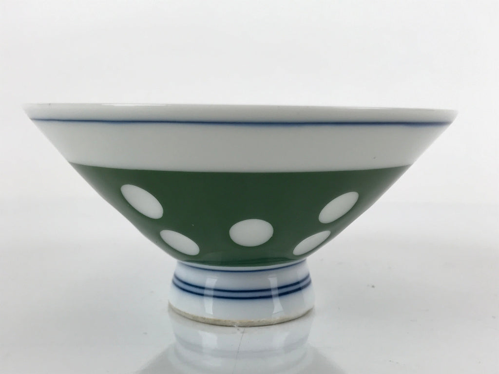 Japanese Porcelain Rice Bowl Vtg Wide Green Polka Dot Design White Blue PY730