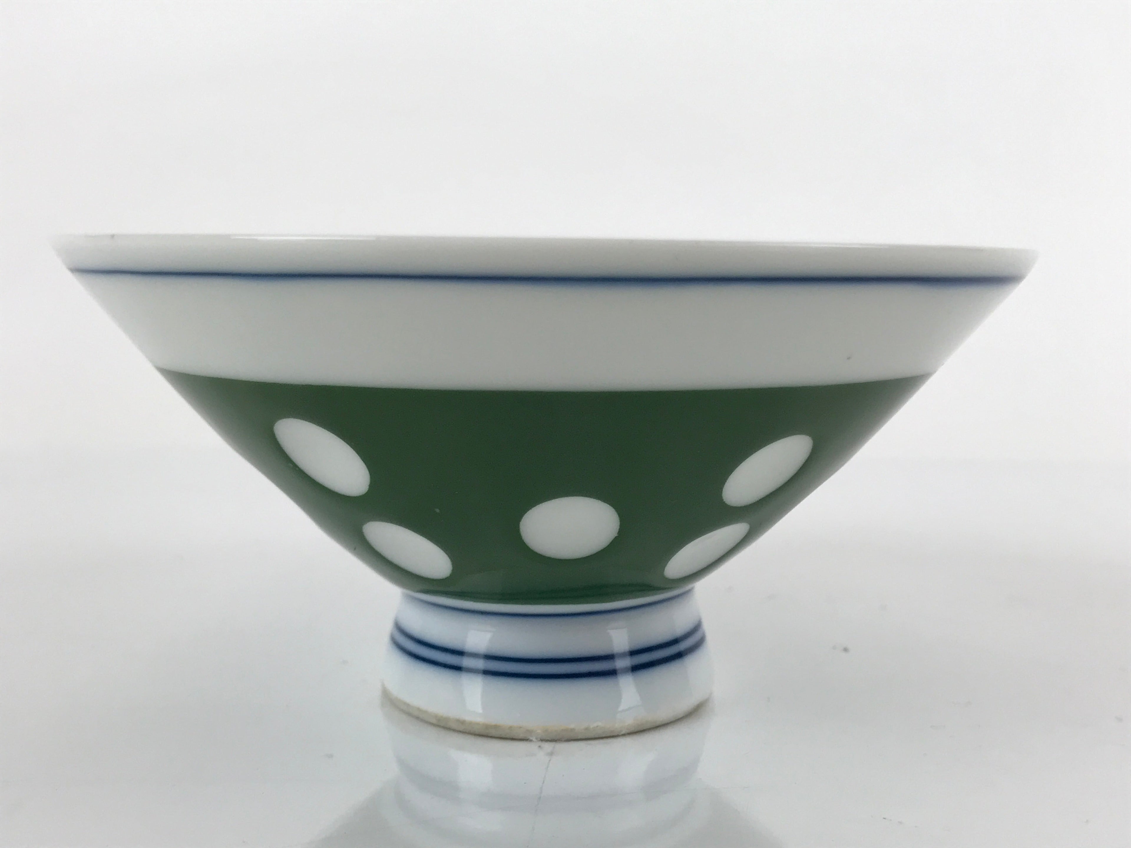 Japanese Porcelain Rice Bowl Vtg Wide Green Polka Dot Design White Blue PY730