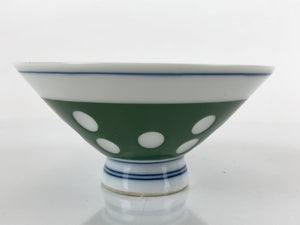 Japanese Porcelain Rice Bowl Vtg Wide Green Polka Dot Design White Blue PY730