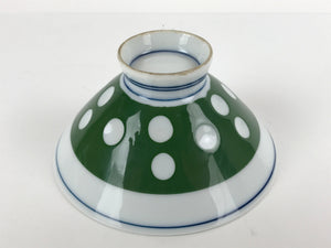 Japanese Porcelain Rice Bowl Vtg Wide Green Polka Dot Design White Blue PY730