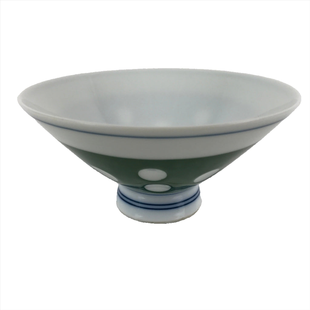 Japanese Porcelain Rice Bowl Vtg Wide Green Polka Dot Design White Blue PY730