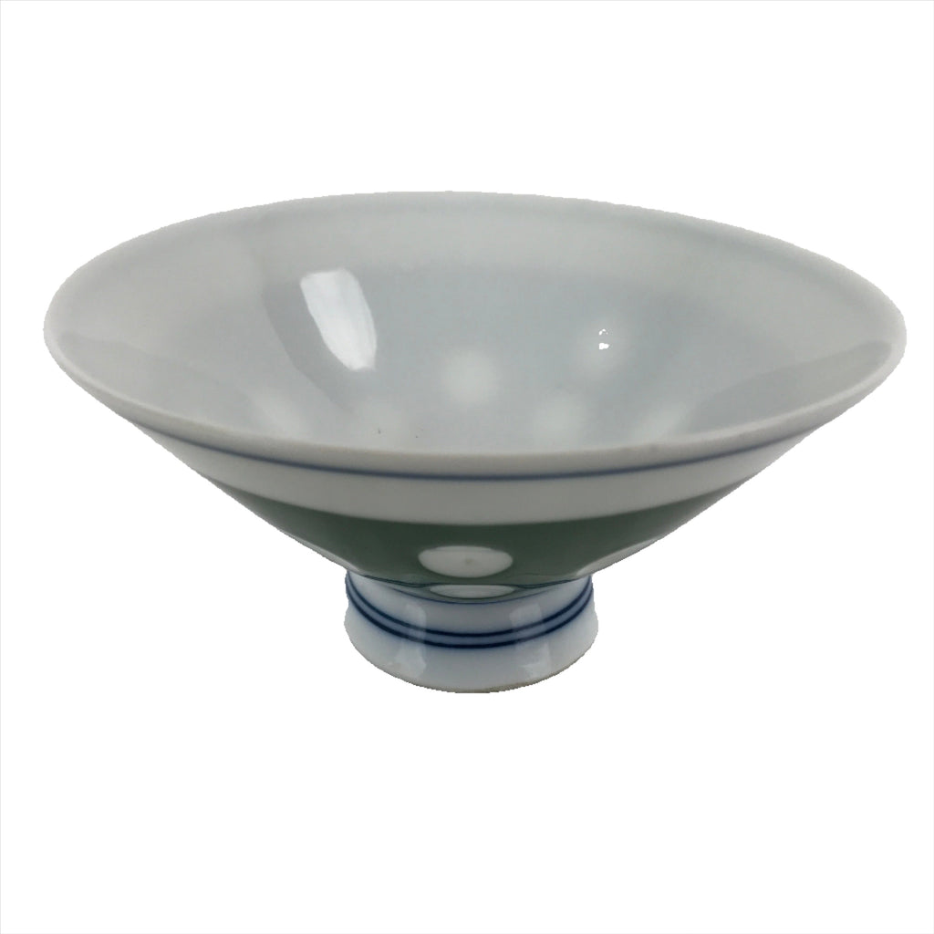 Japanese Porcelain Rice Bowl Vtg Wide Green Polka Dot Design White Blue PY731