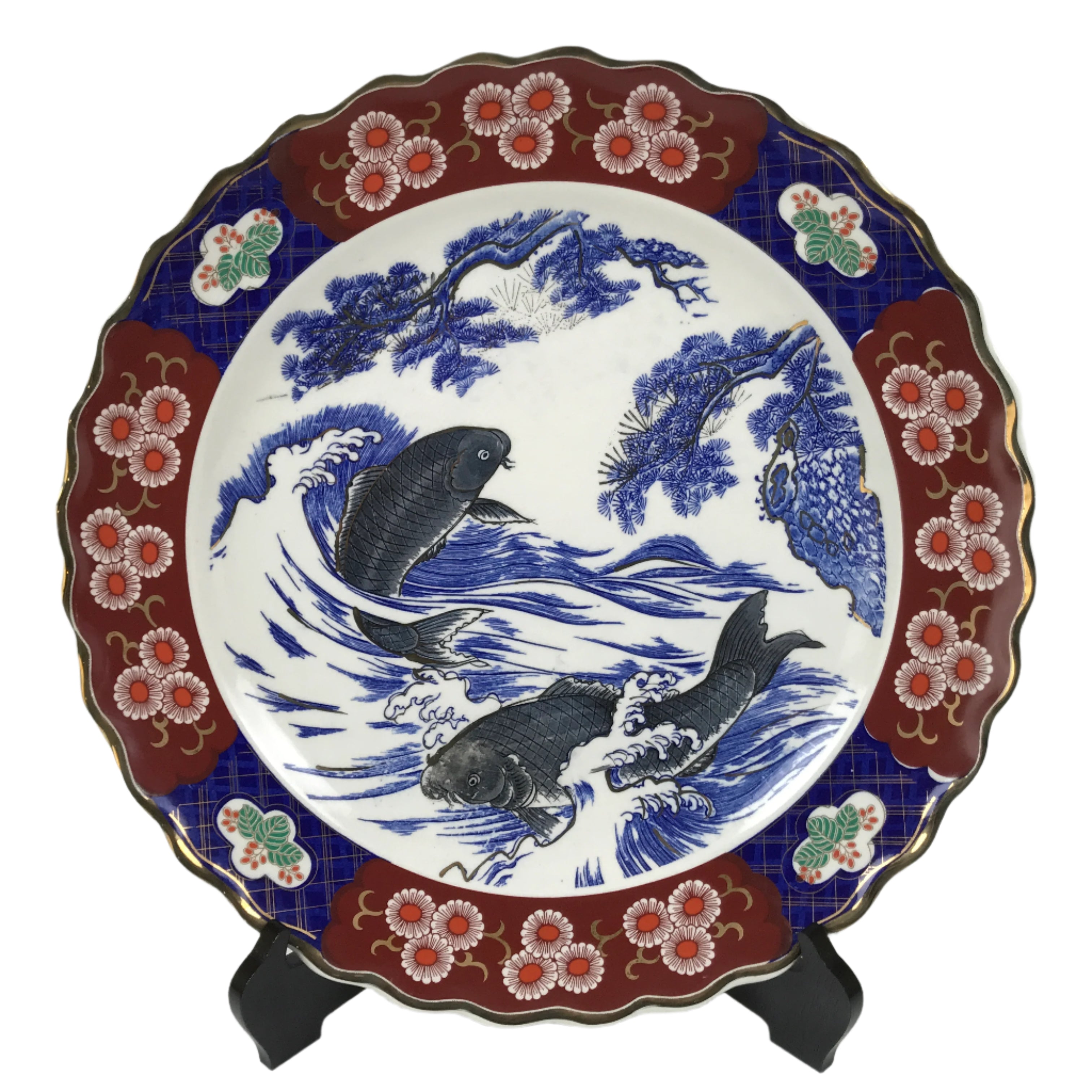 Japanese Porcelain Round Large Plate Vtg Chrysanthemum Carp Fish Red Blue PX774
