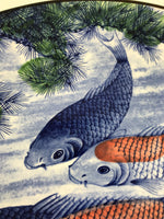 Japanese Porcelain Round Large Plate Vtg Chrysanthemum Carp Koi Fish Blue PX775