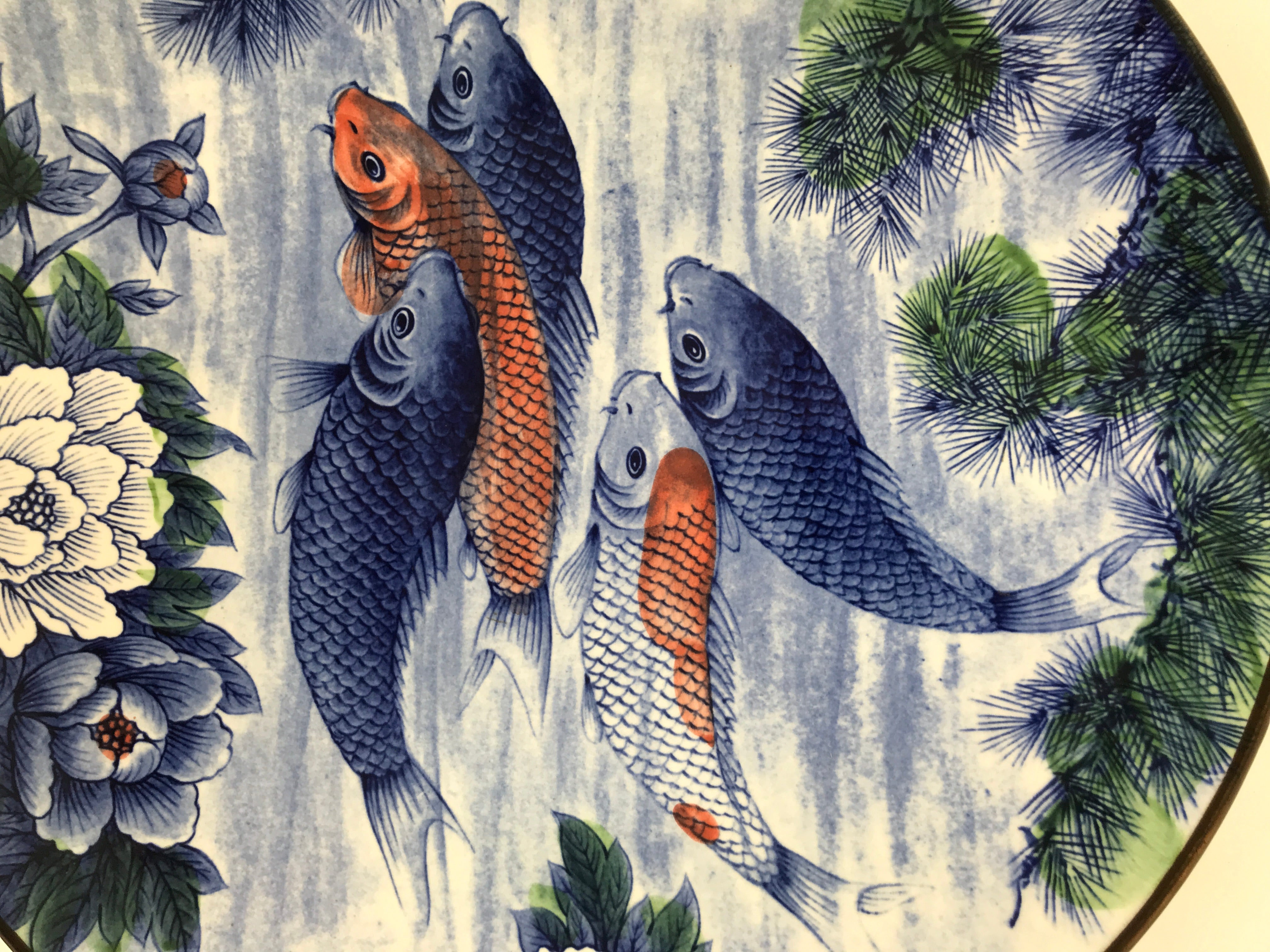 Japanese Porcelain Round Large Plate Vtg Chrysanthemum Carp Koi Fish Blue PX775