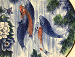 Japanese Porcelain Round Large Plate Vtg Chrysanthemum Carp Koi Fish Blue PX775