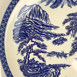 Japanese Porcelain Round Large Plate Vtg Pine Mountain Scenery White Blue Y58