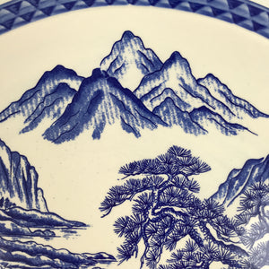 Japanese Porcelain Round Large Plate Vtg Pine Mountain Scenery White Blue Y58