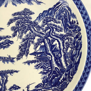 Japanese Porcelain Round Large Plate Vtg Pine Mountain Scenery White Blue Y58