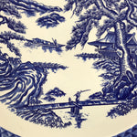 Japanese Porcelain Round Large Plate Vtg Pine Mountain Scenery White Blue Y58