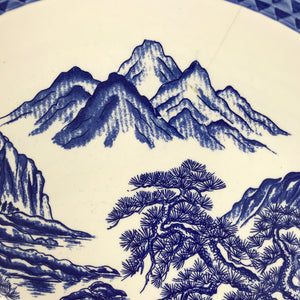 Japanese Porcelain Round Large Plate Vtg Pine Mountain Scenery White Blue Y59