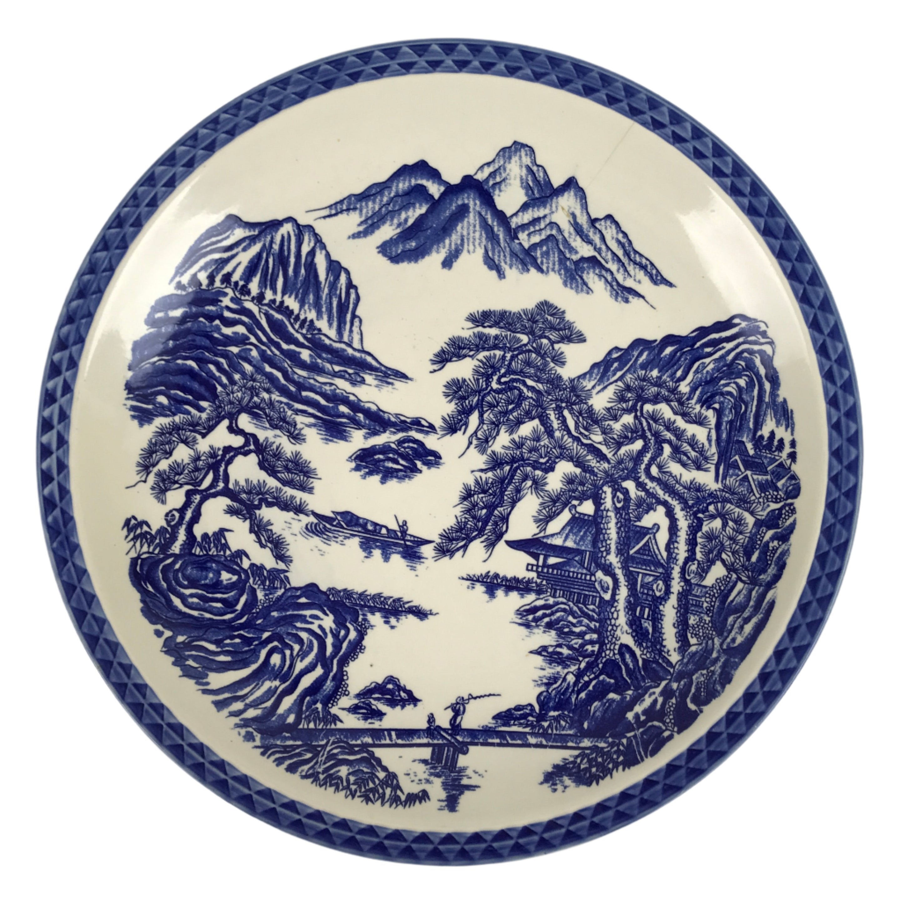 Japanese Porcelain Round Large Plate Vtg Pine Mountain Scenery White Blue Y59