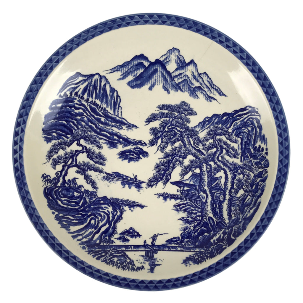 Japanese Porcelain Round Large Plate Vtg Pine Mountain Scenery White Blue Y59