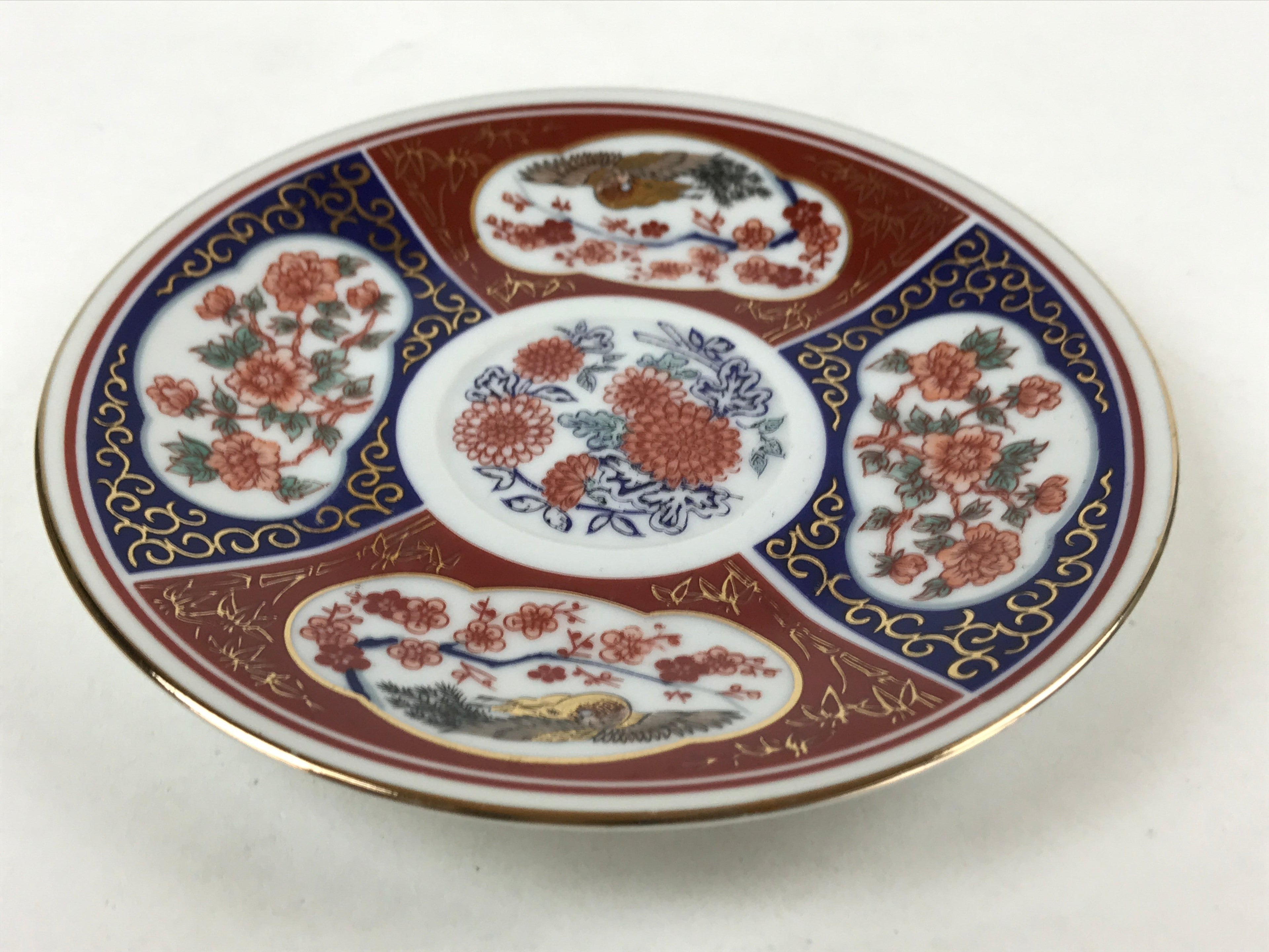 Japanese Porcelain Round Small Plate Vtg Kutani Imari Floral Red Blue Gold PY618