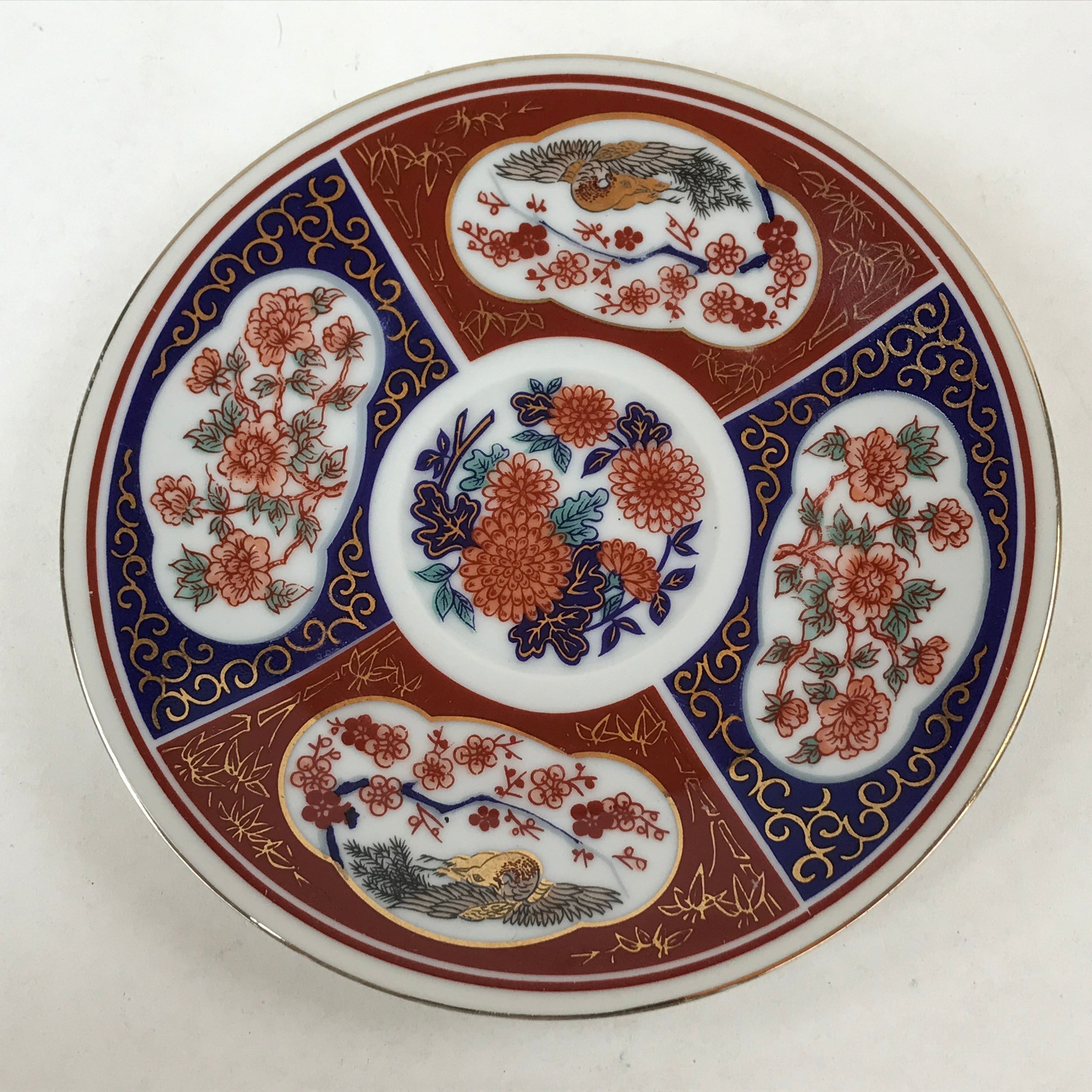 Japanese Porcelain Round Small Plate Vtg Kutani Imari Floral Red Blue Gold PY623