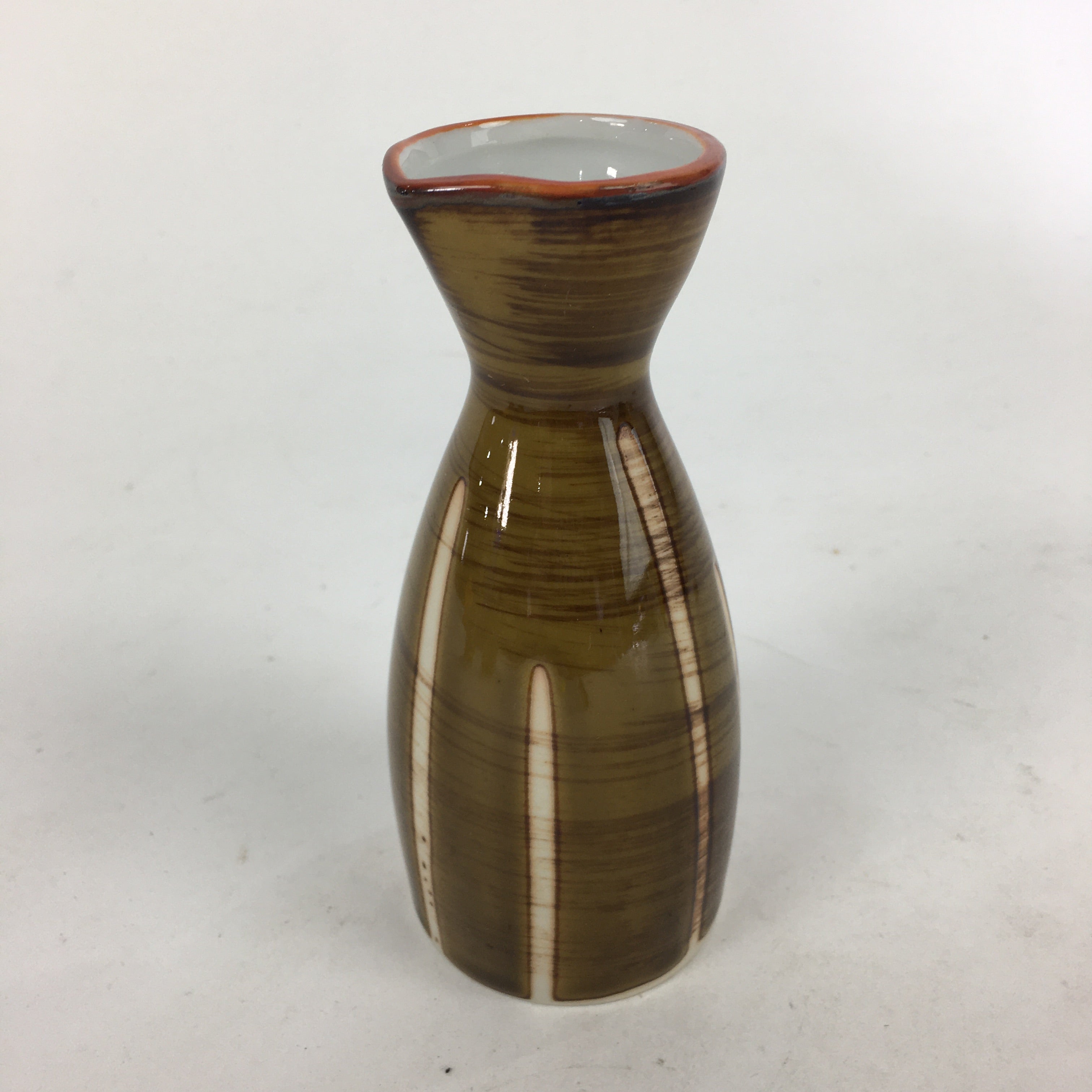 Japanese Porcelain Sake Bottle Brown White Vertical Line Design Tokkuri TS362