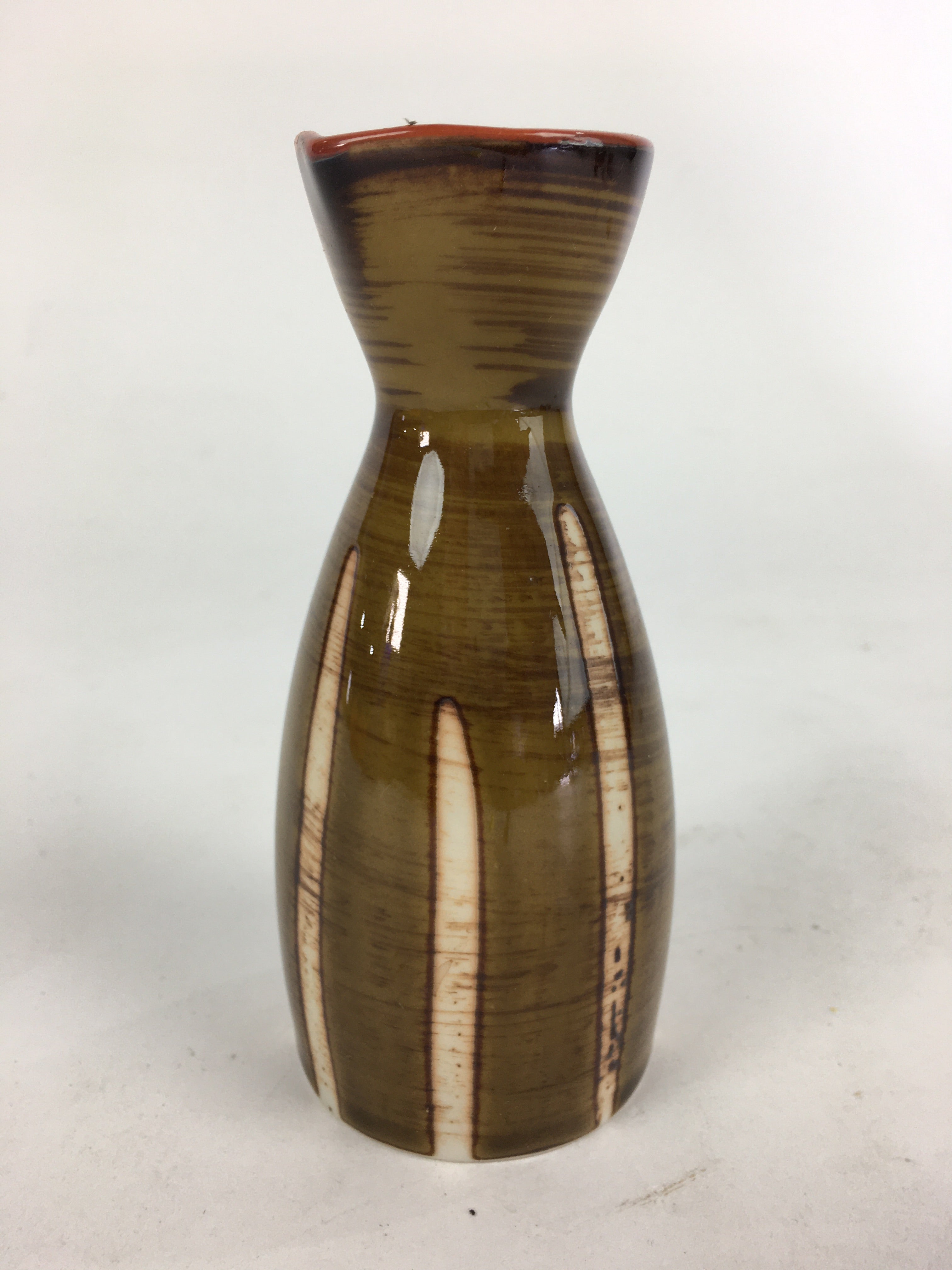 Japanese Porcelain Sake Bottle Brown White Vertical Line Design Tokkuri TS365