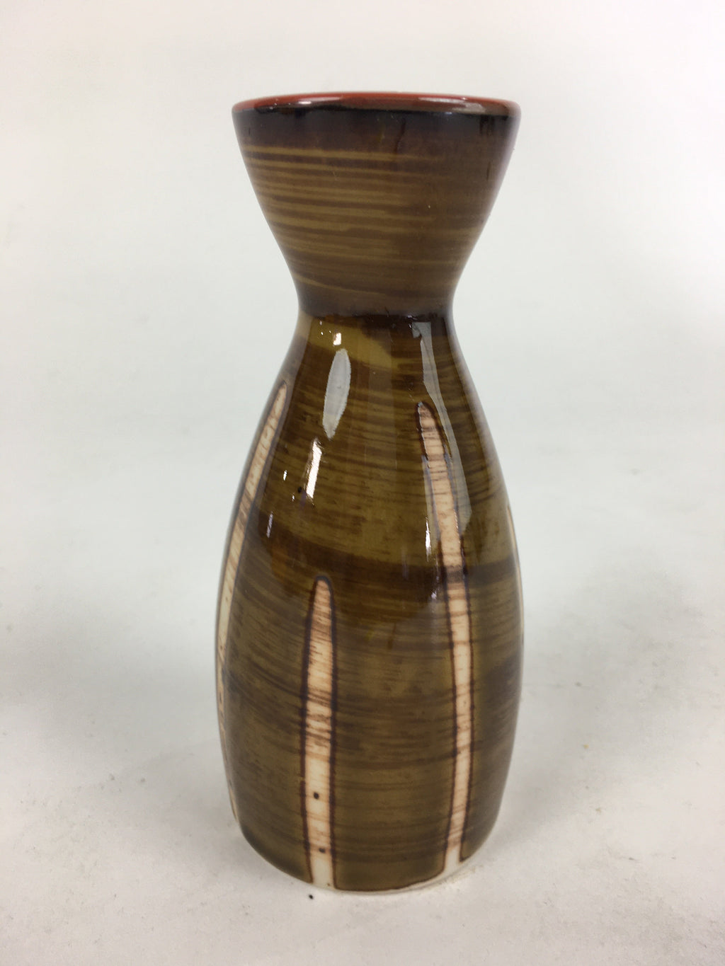 Japanese Porcelain Sake Bottle Brown White Vertical Line Design Tokkuri TS365