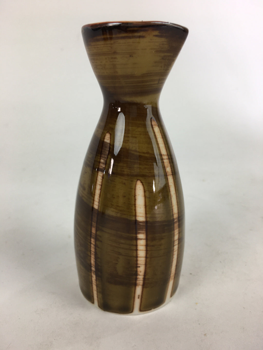 Japanese Porcelain Sake Bottle Brown White Vertical Line Design Tokkuri TS366