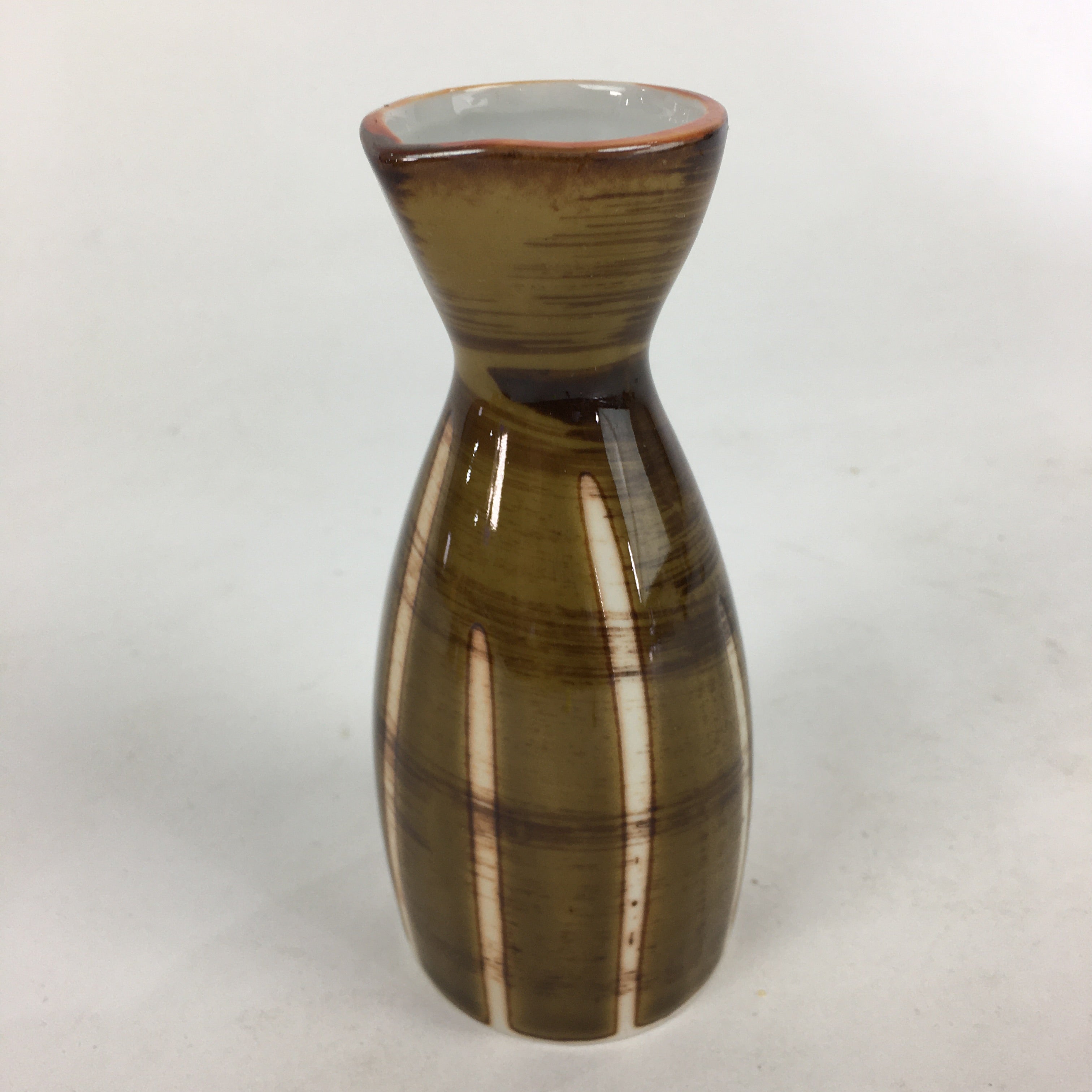 Japanese Porcelain Sake Bottle Brown White Vertical Line Design Tokkuri TS366