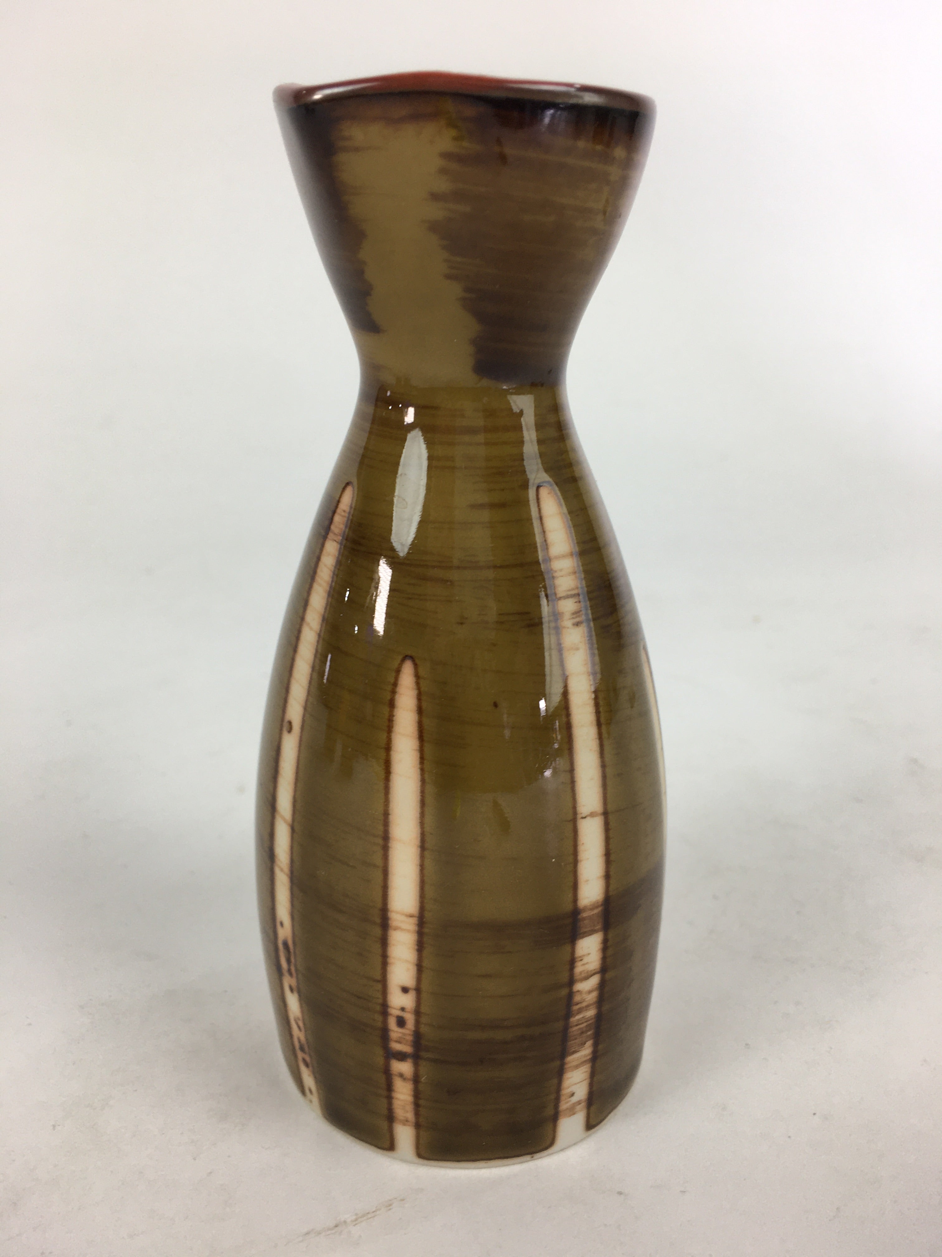 Japanese Porcelain Sake Bottle Brown White Vertical Line Design Tokkuri TS367