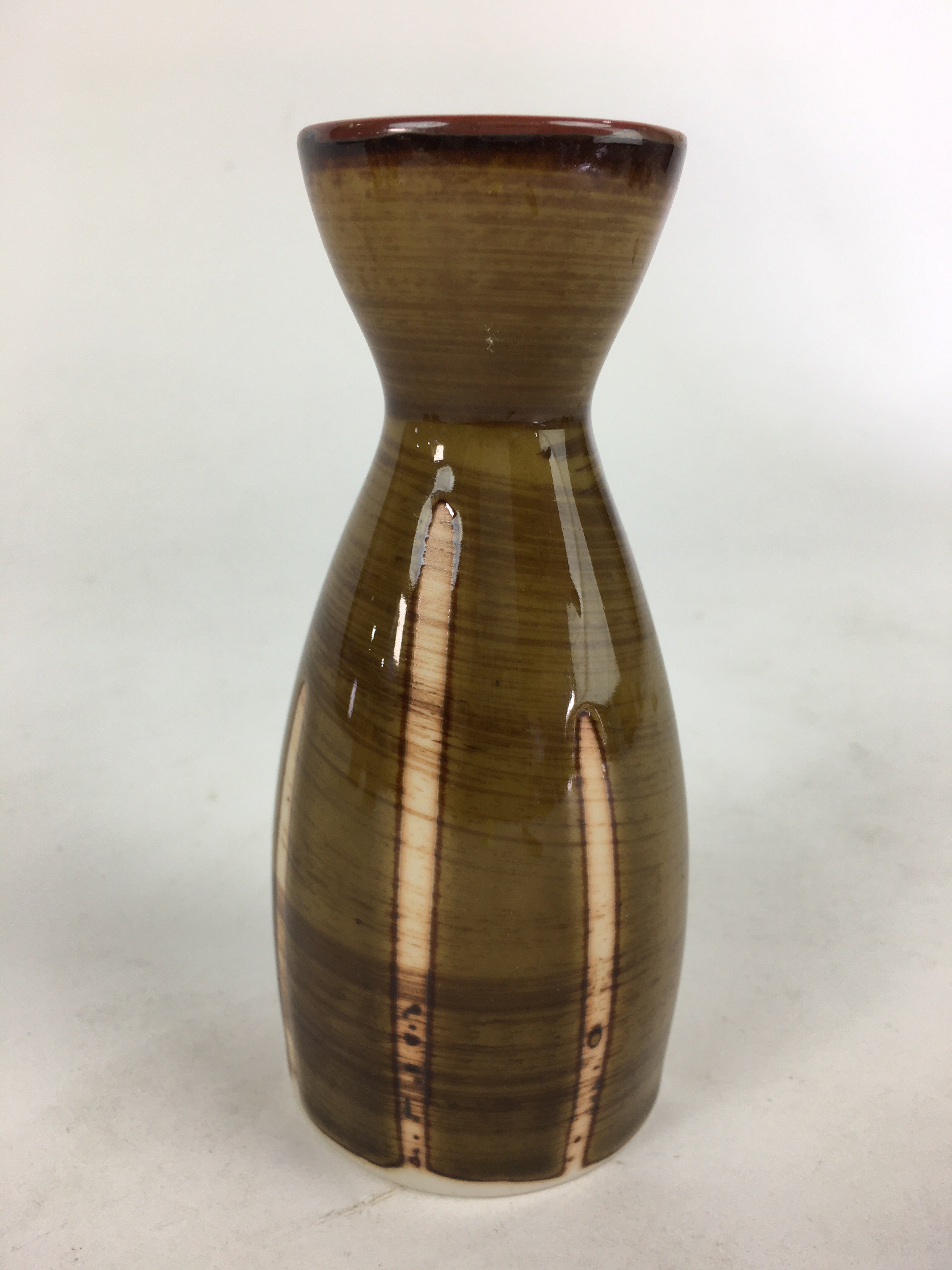 Japanese Porcelain Sake Bottle Brown White Vertical Line Design Tokkuri TS367