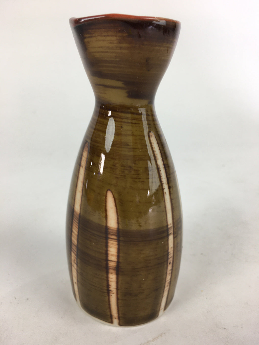 Japanese Porcelain Sake Bottle Brown White Vertical Line Design Tokkuri TS369