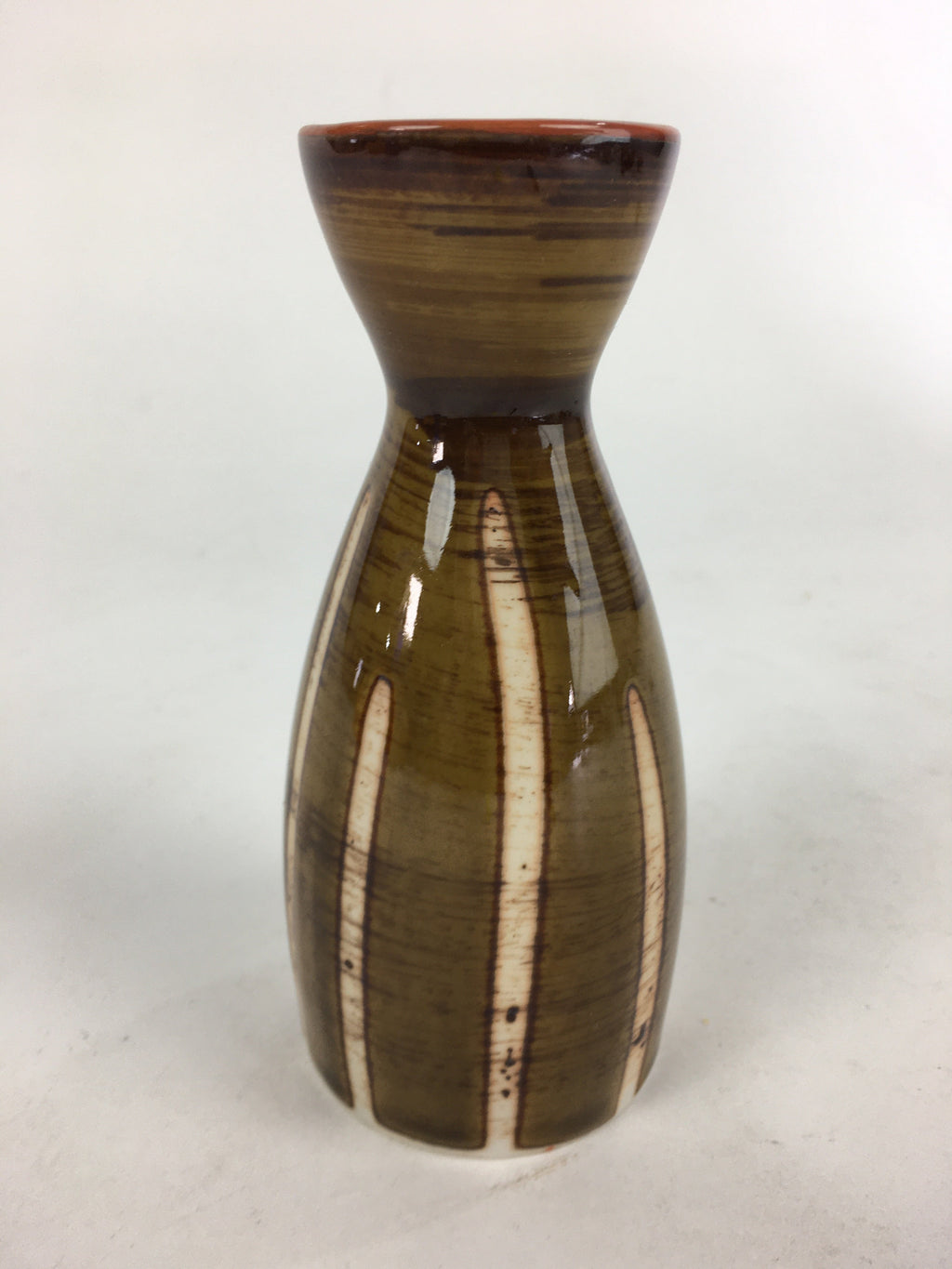 Japanese Porcelain Sake Bottle Brown White Vertical Line Design Tokkuri TS369