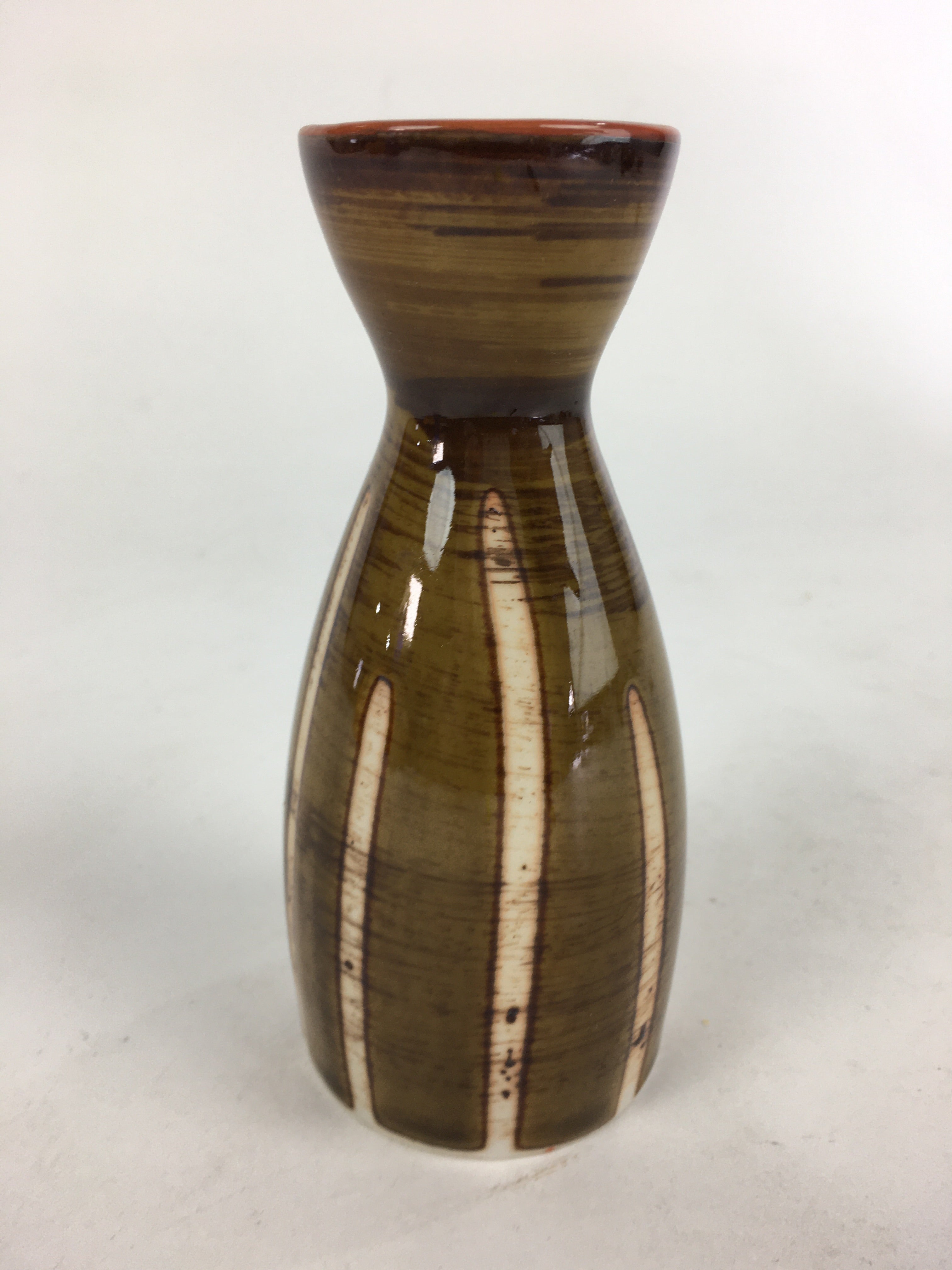 Japanese Porcelain Sake Bottle Brown White Vertical Line Design Tokkuri TS369