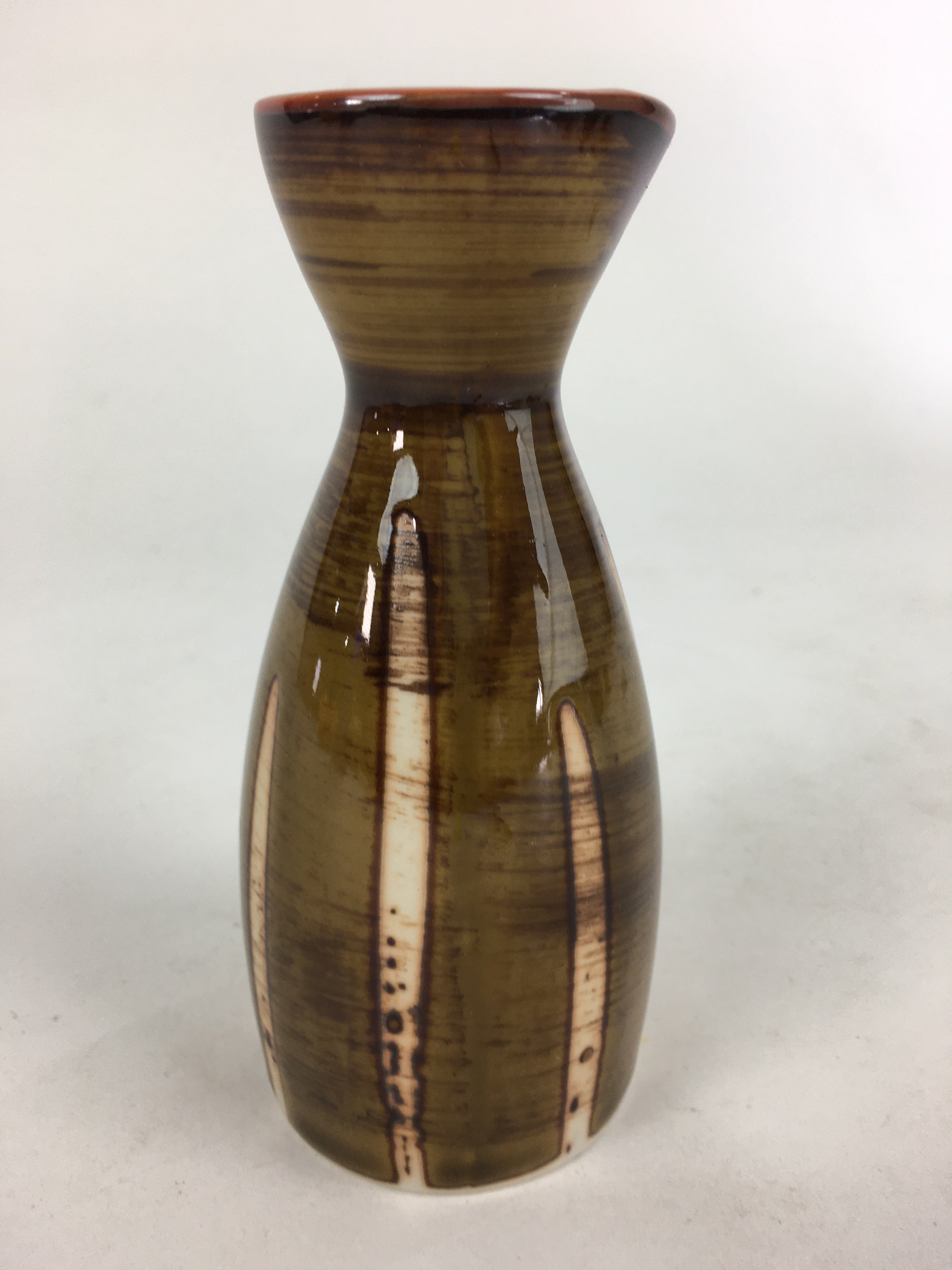 Japanese Porcelain Sake Bottle Brown White Vertical Line Design Tokkuri TS369