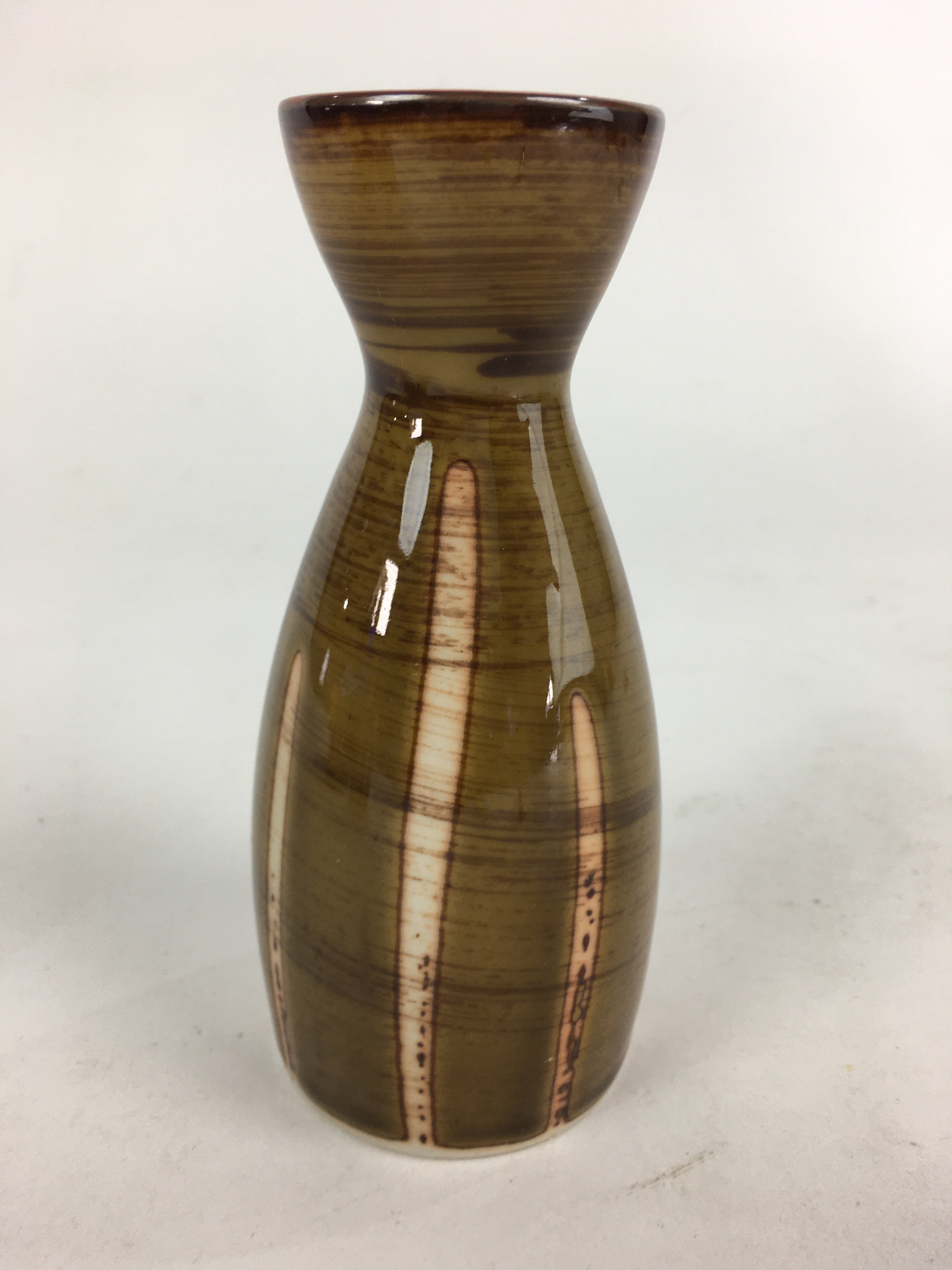 Japanese Porcelain Sake Bottle Brown White Vertical Line Design Tokkuri TS370