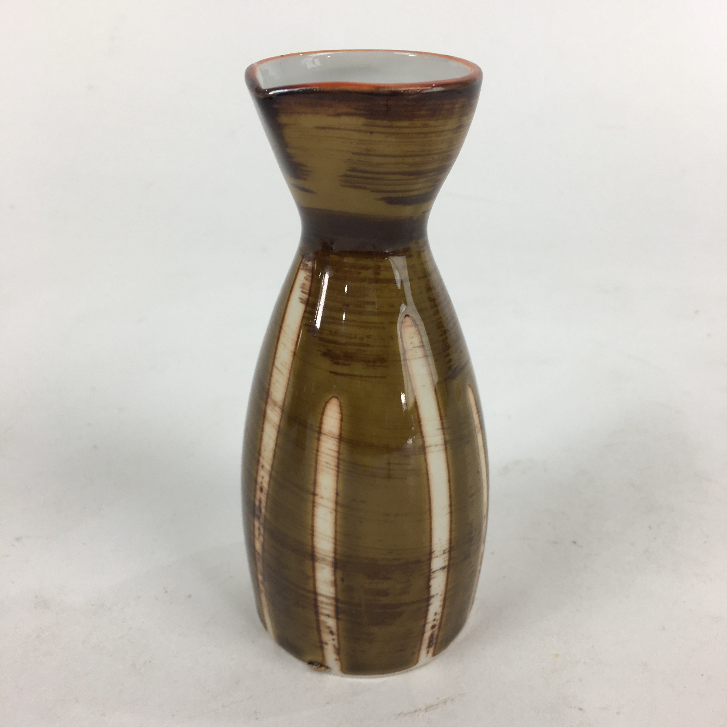 Japanese Porcelain Sake Bottle Brown White Vertical Line Design Tokkuri TS370