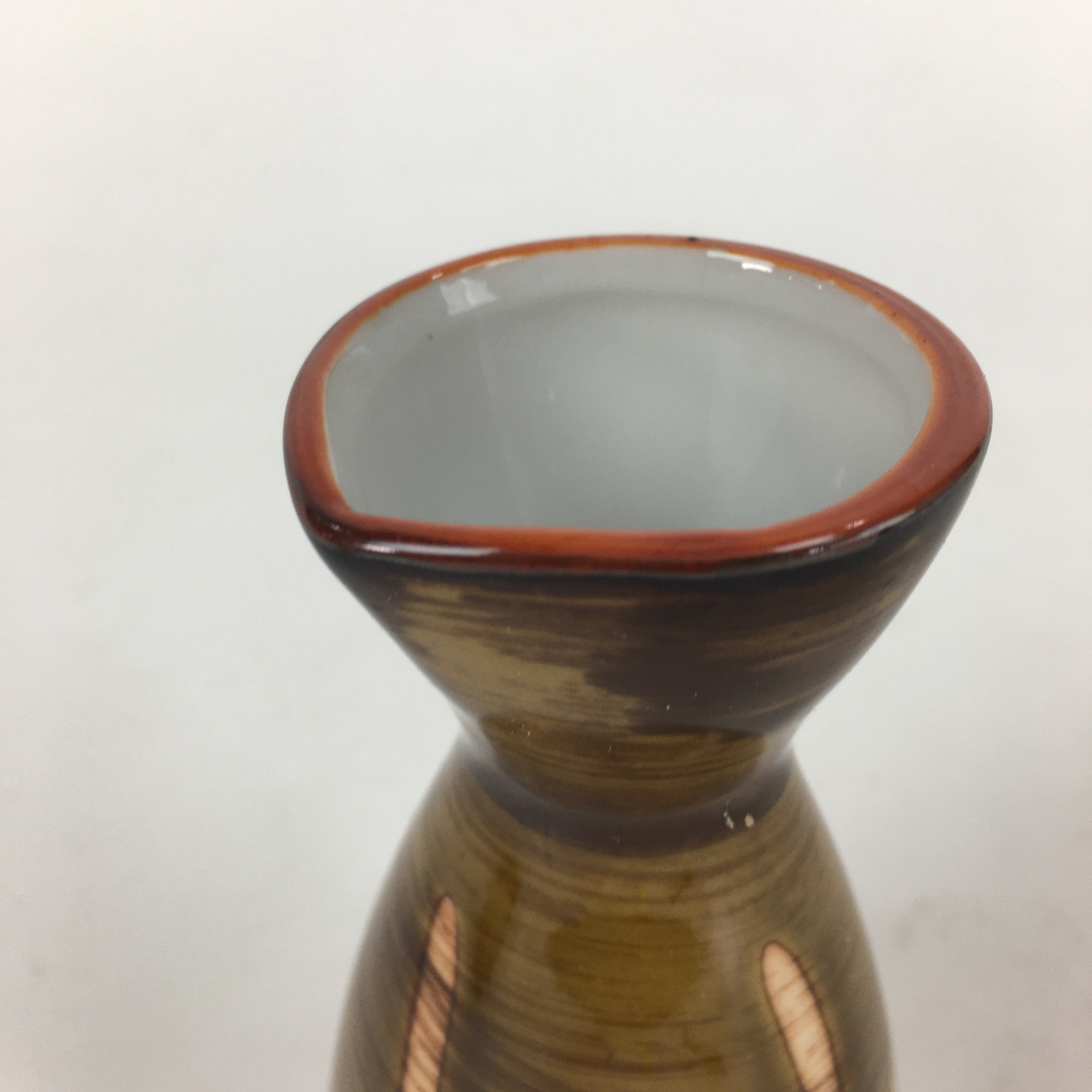 Japanese Porcelain Sake Bottle Brown White Vertical Line Design Tokkuri TS371