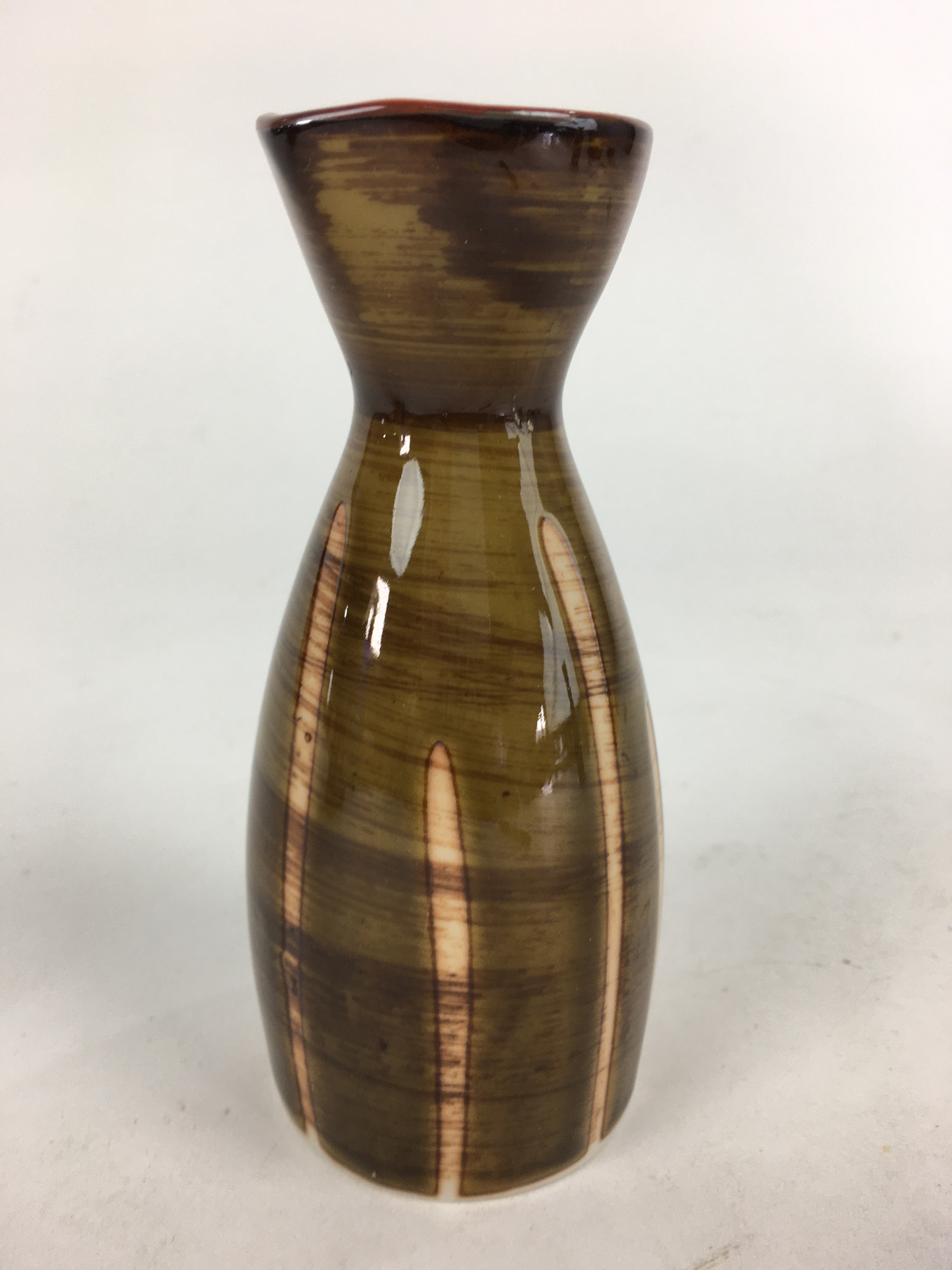 Japanese Porcelain Sake Bottle Brown White Vertical Line Design Tokkuri TS371