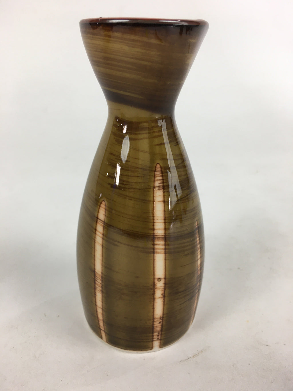 Japanese Porcelain Sake Bottle Brown White Vertical Line Design Tokkuri TS371