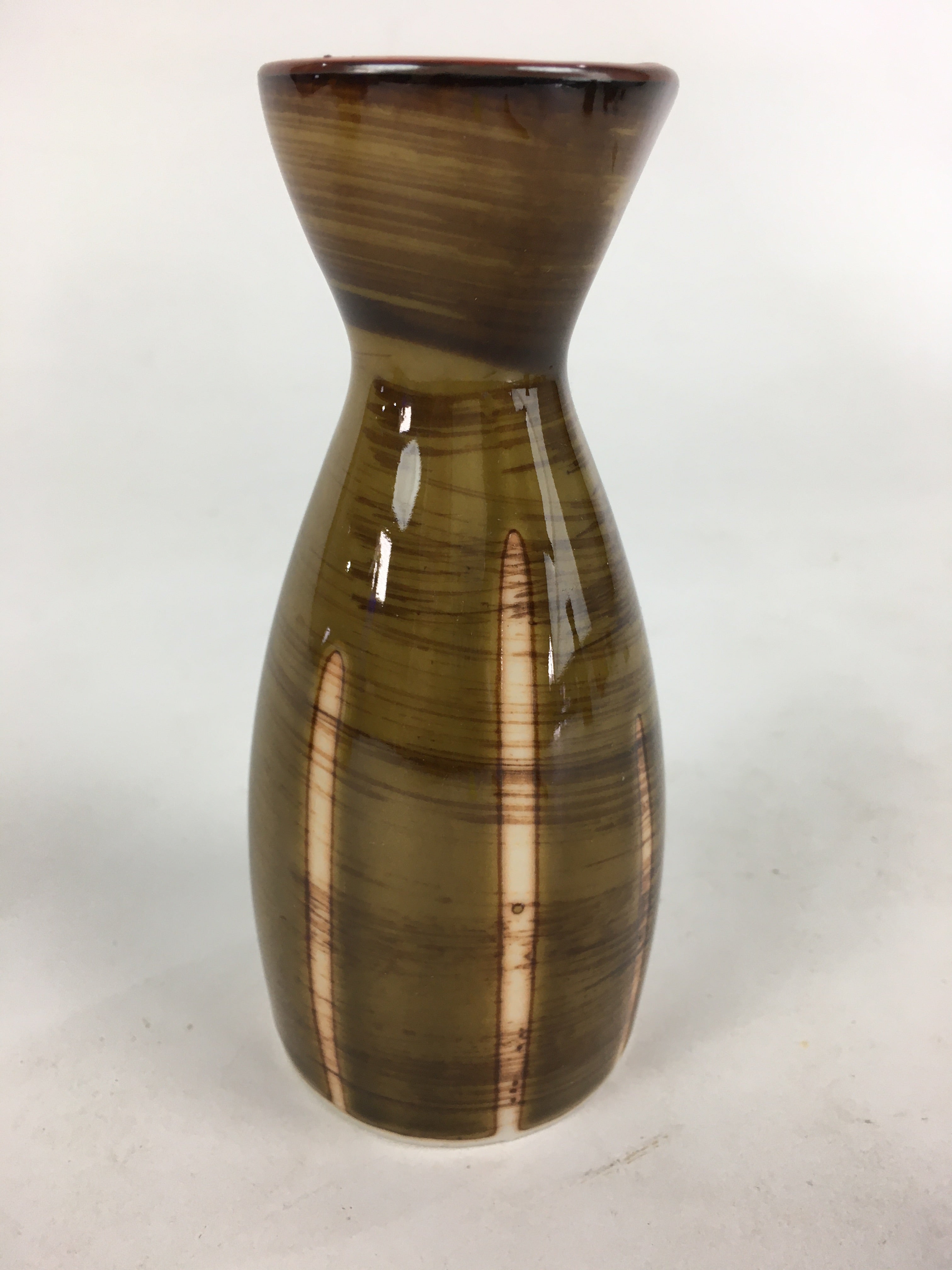 Japanese Porcelain Sake Bottle Brown White Vertical Line Design Tokkuri TS371