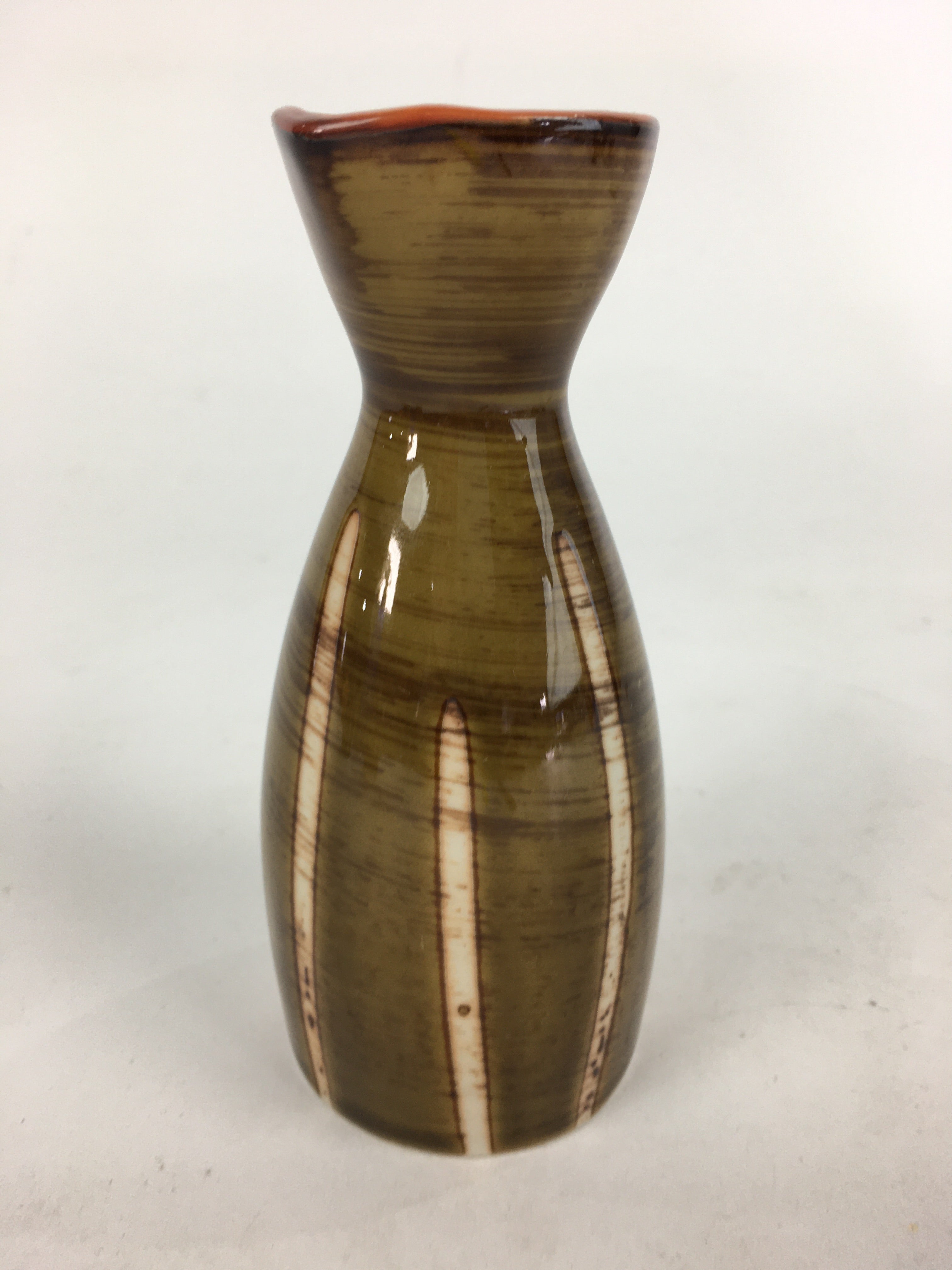 Japanese Porcelain Sake Bottle Brown White Vertical Line Design Tokkuri TS372