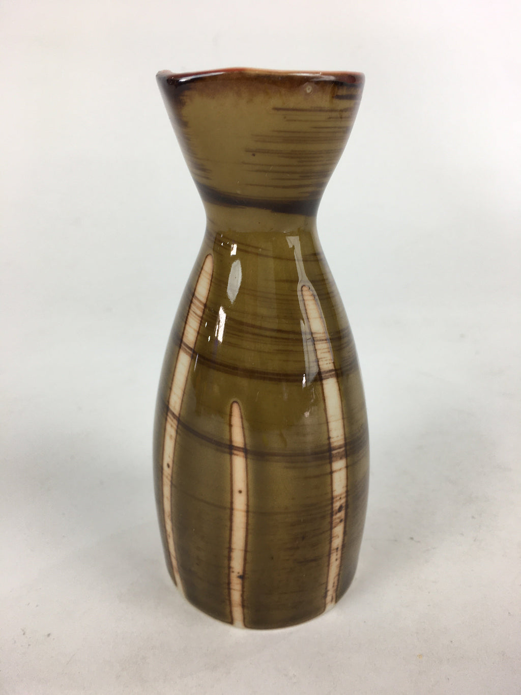 Japanese Porcelain Sake Bottle Brown White Vertical Line Design Tokkuri TS373