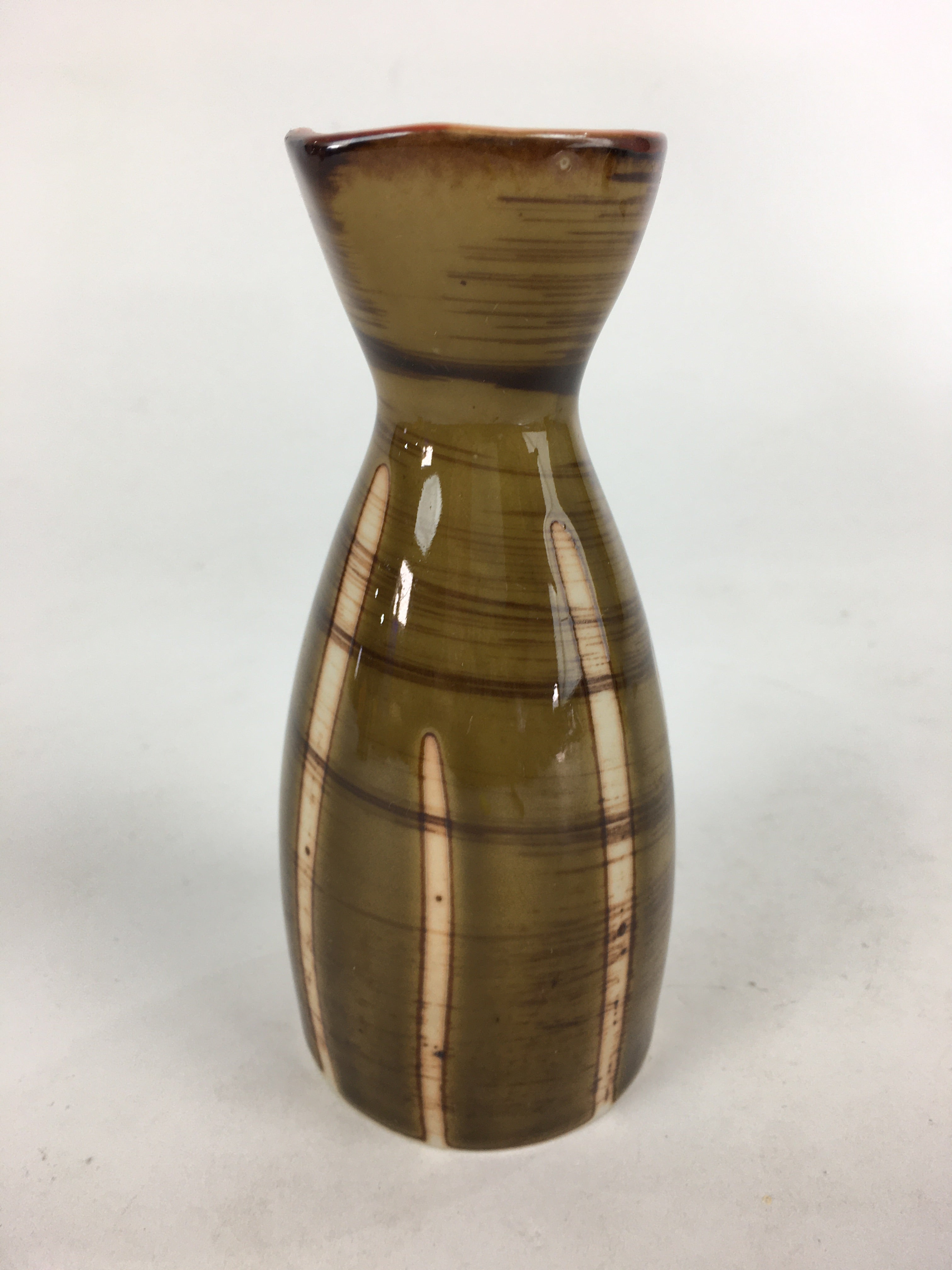 Japanese Porcelain Sake Bottle Brown White Vertical Line Design Tokkuri TS373