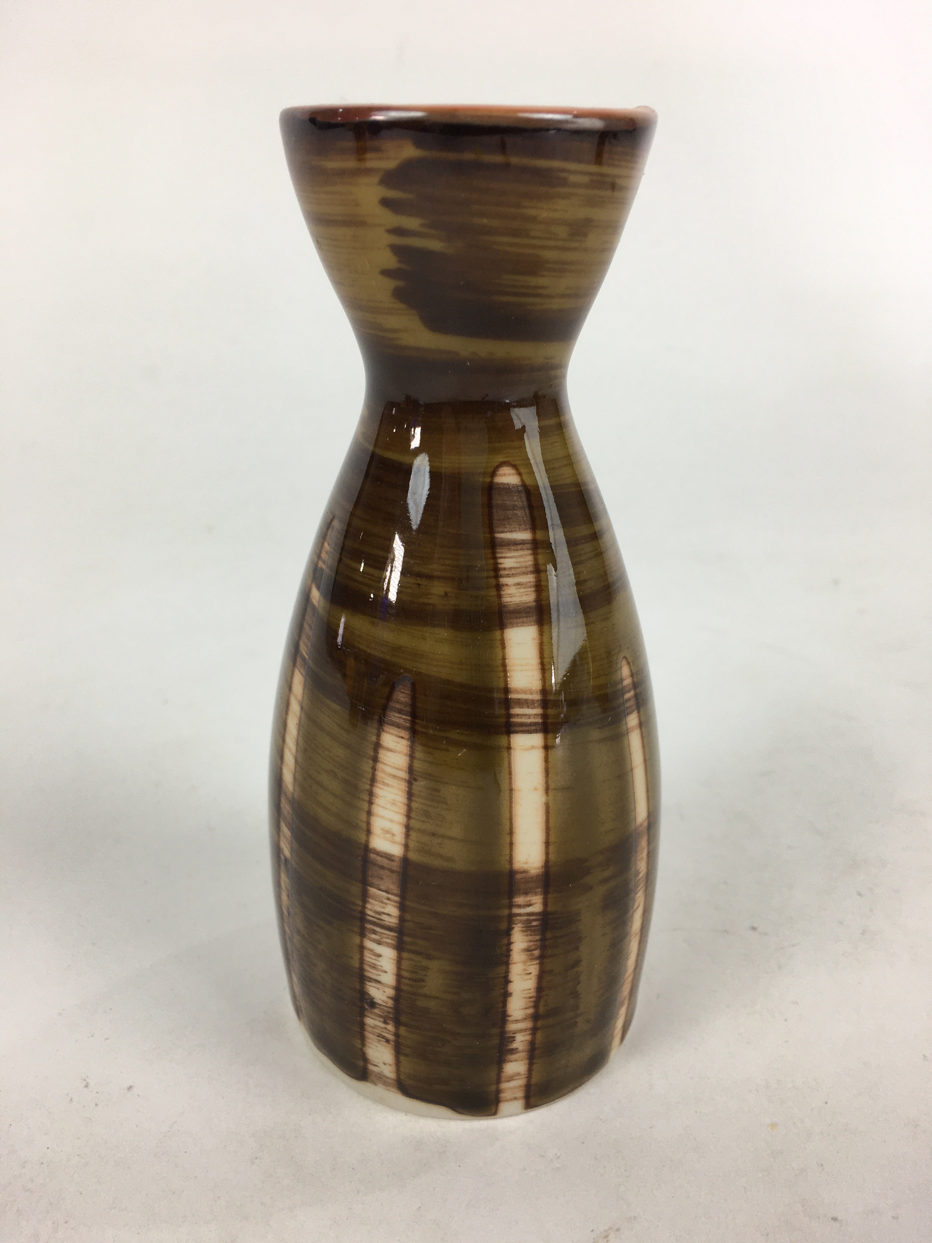 Japanese Porcelain Sake Bottle Brown White Vertical Line Design Tokkuri TS373