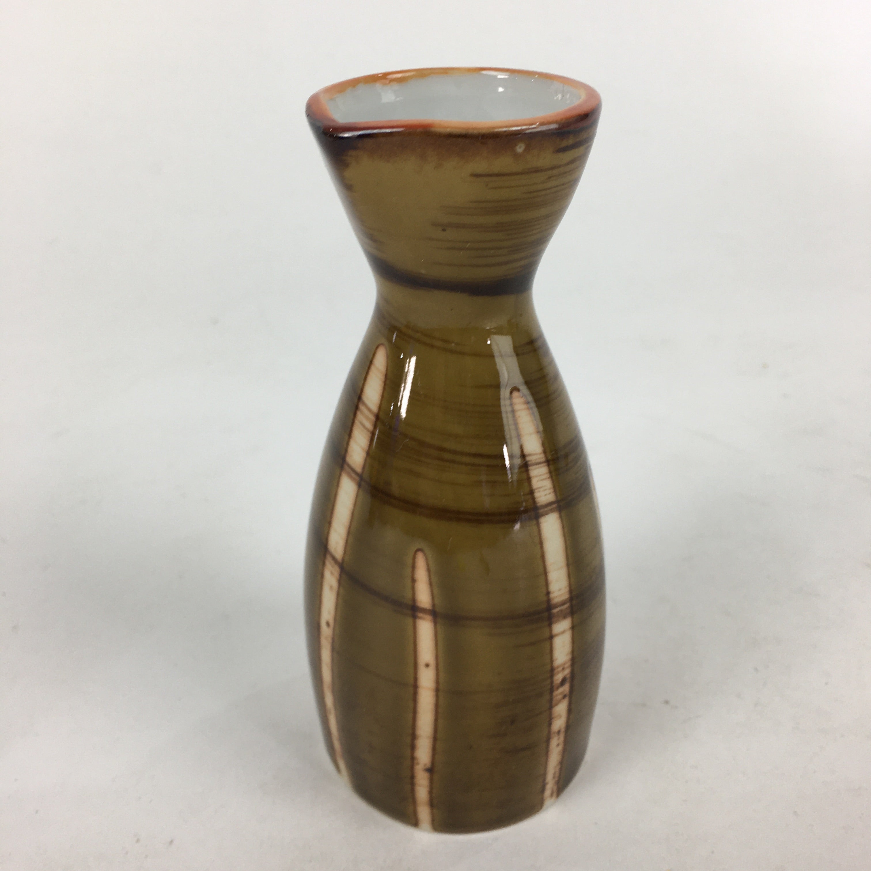Japanese Porcelain Sake Bottle Brown White Vertical Line Design Tokkuri TS373