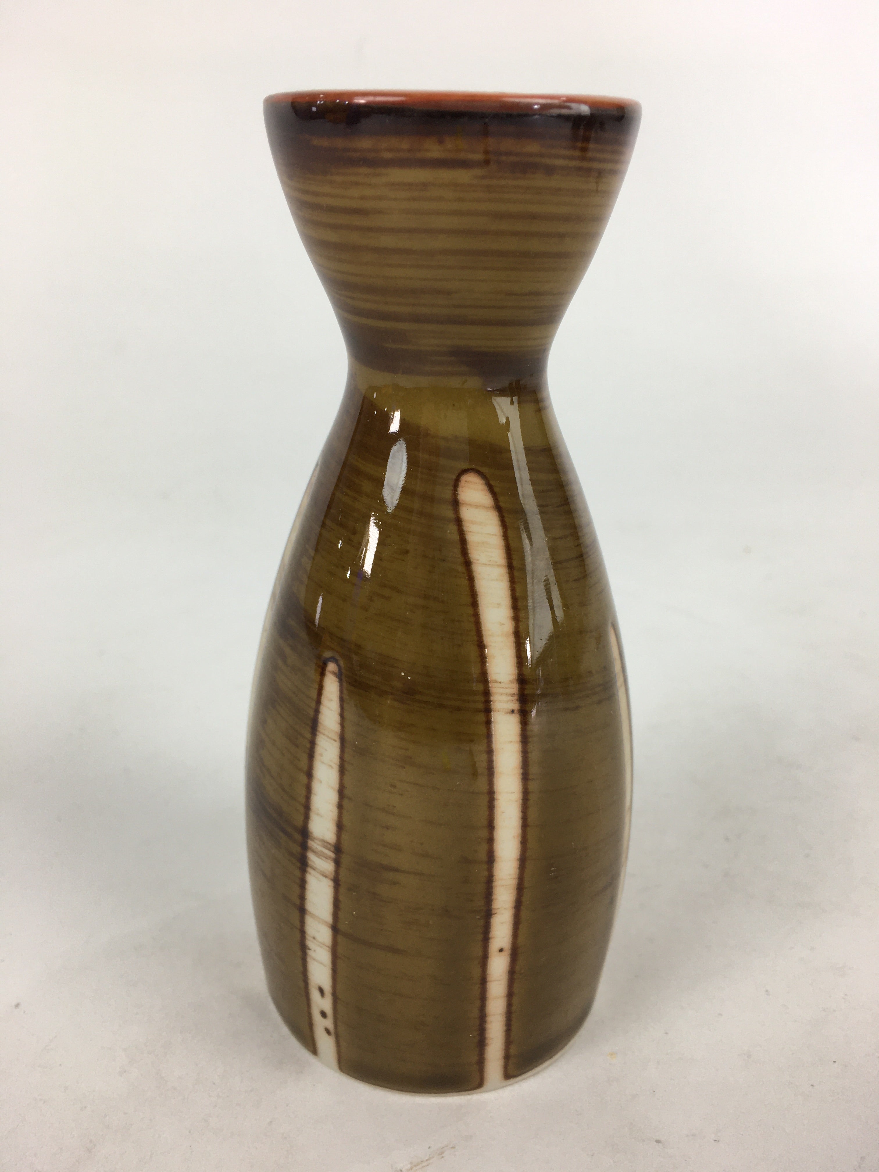 Japanese Porcelain Sake Bottle Brown White Vertical Line Design Tokkuri TS374