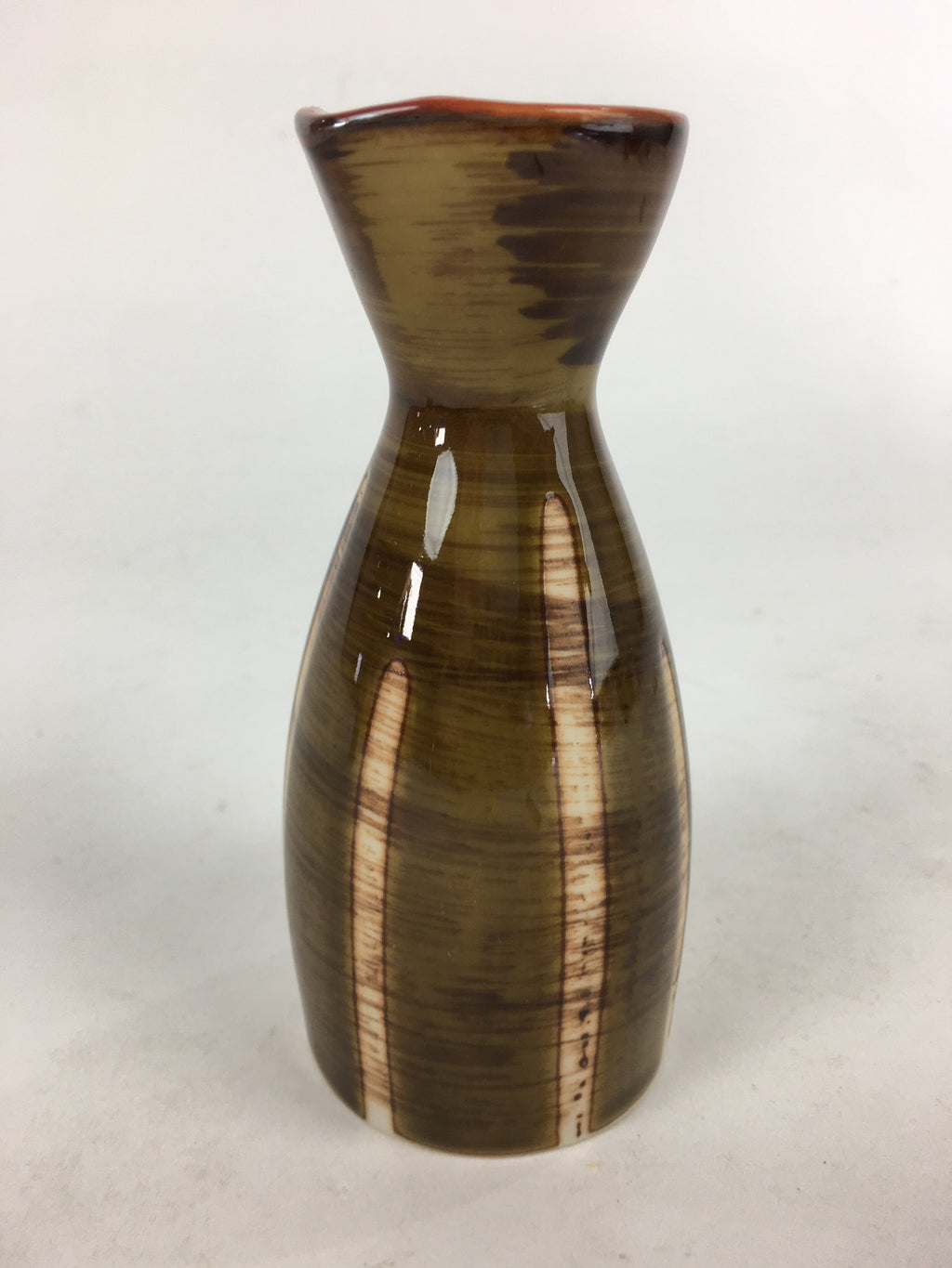 Japanese Porcelain Sake Bottle Brown White Vertical Line Design Tokkuri TS377