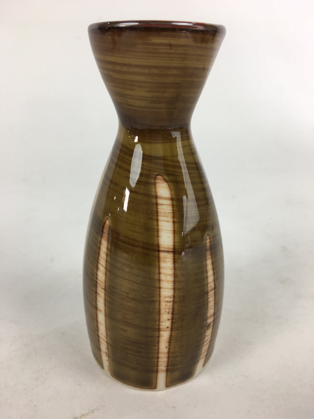 Japanese Porcelain Sake Bottle Brown White Vertical Line Design Tokkuri TS377