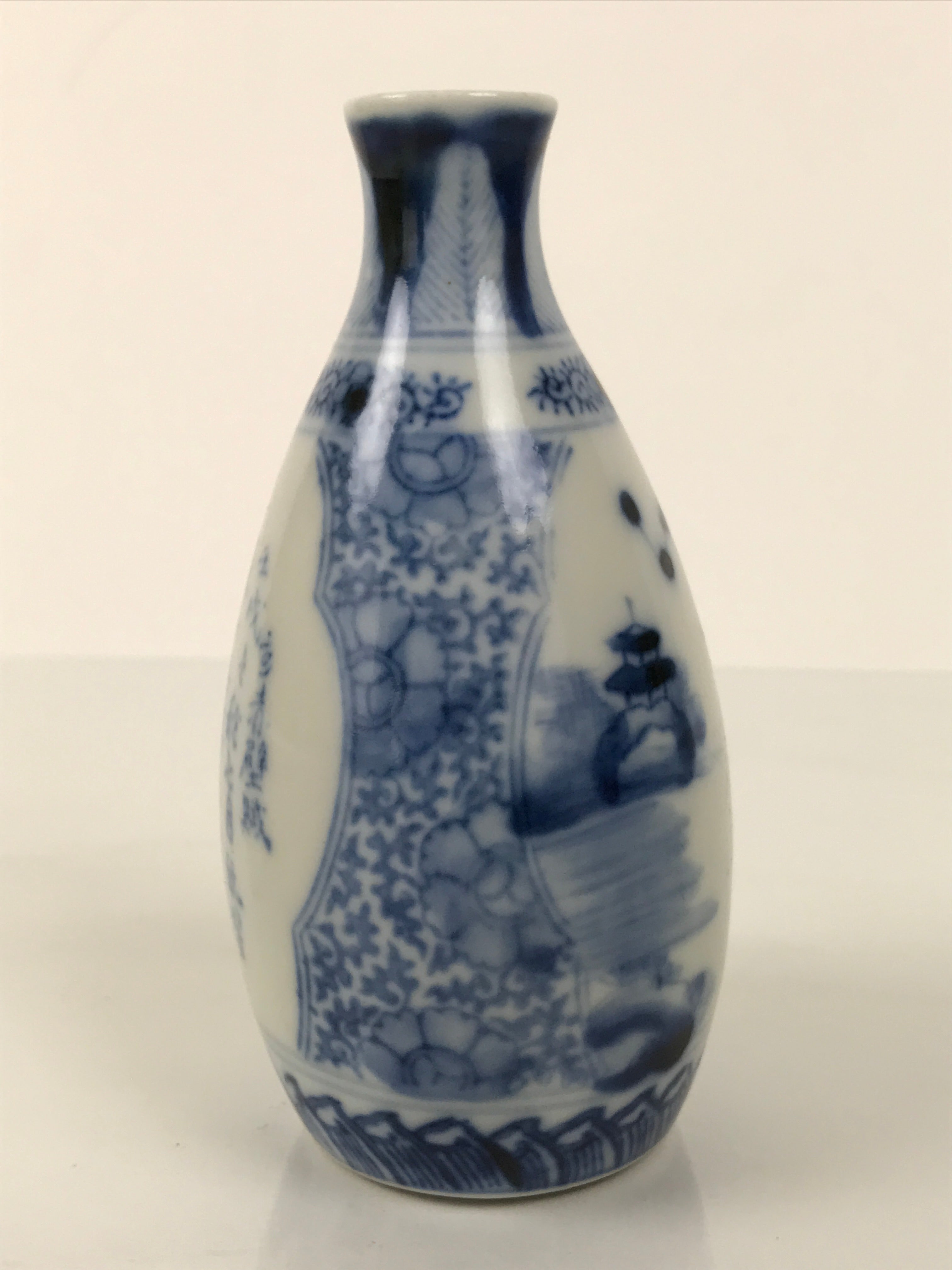 Japanese Porcelain Sake Bottle Tokkuri Blue White Kanji Poem Water Boat TS846