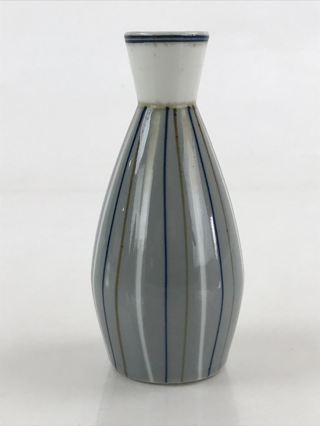 Japanese Porcelain Sake Bottle Tokkuri Ichigo Vtg Pottery Vertical Stripes TS527