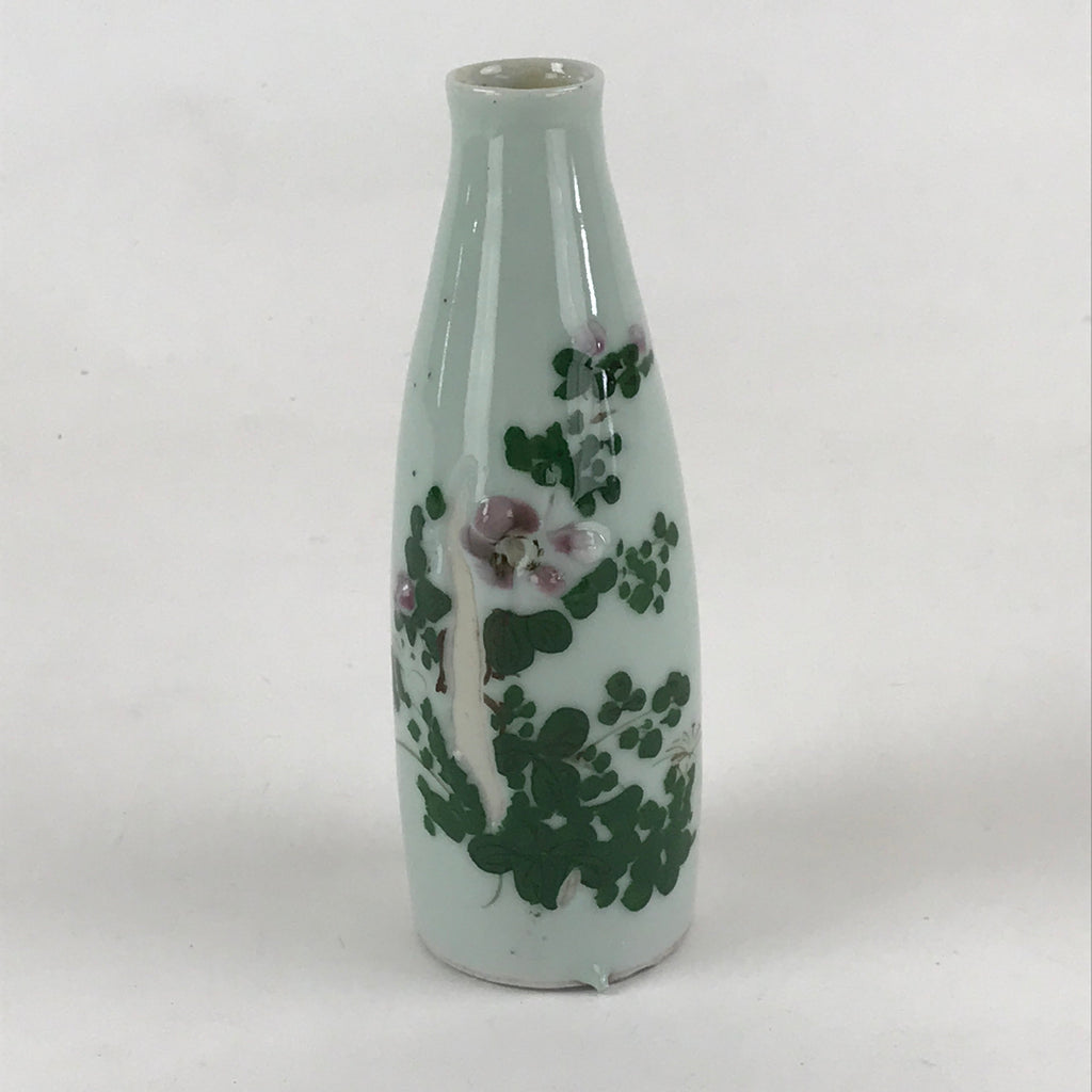 Japanese Porcelain Sake Bottle Tokkuri Light Green Glaze Flowering Plant TS501