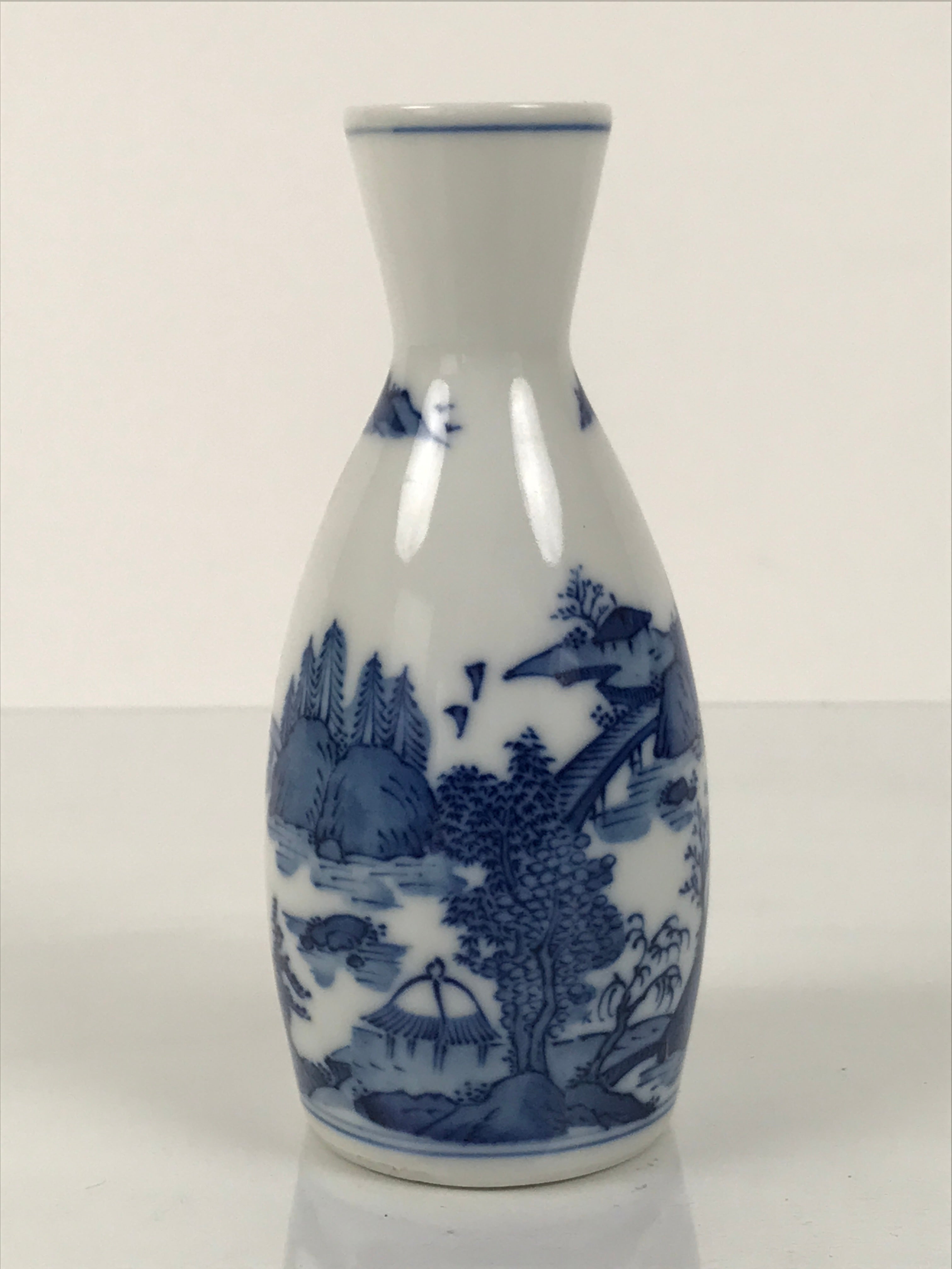 Japanese Porcelain Sake Bottle Tokkuri Vtg Blue White Island Bridge Scene TS841